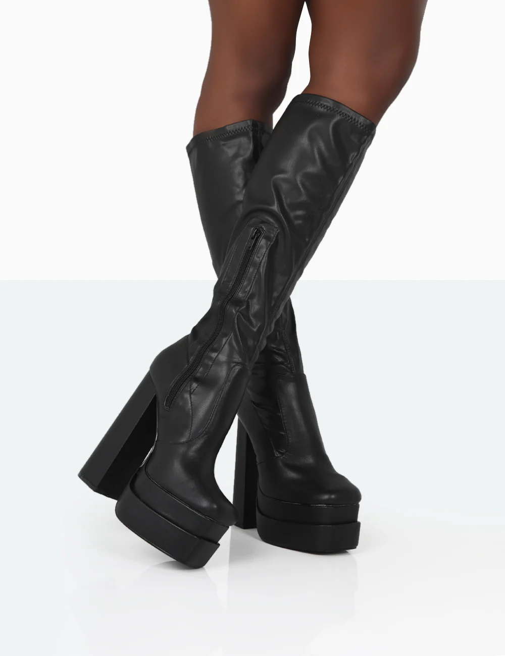 Passive Black PU Square Toe Platform Block High Heel Over The Knee Boots - Image 3