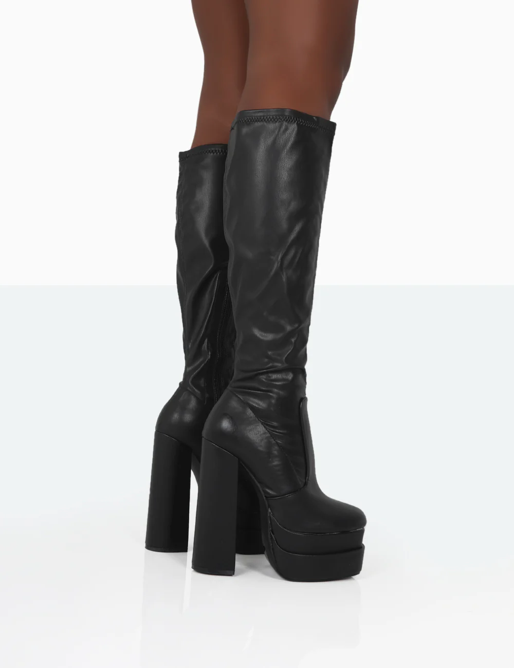 Passive Black PU Square Toe Platform Block High Heel Over The Knee Boots - Image 4