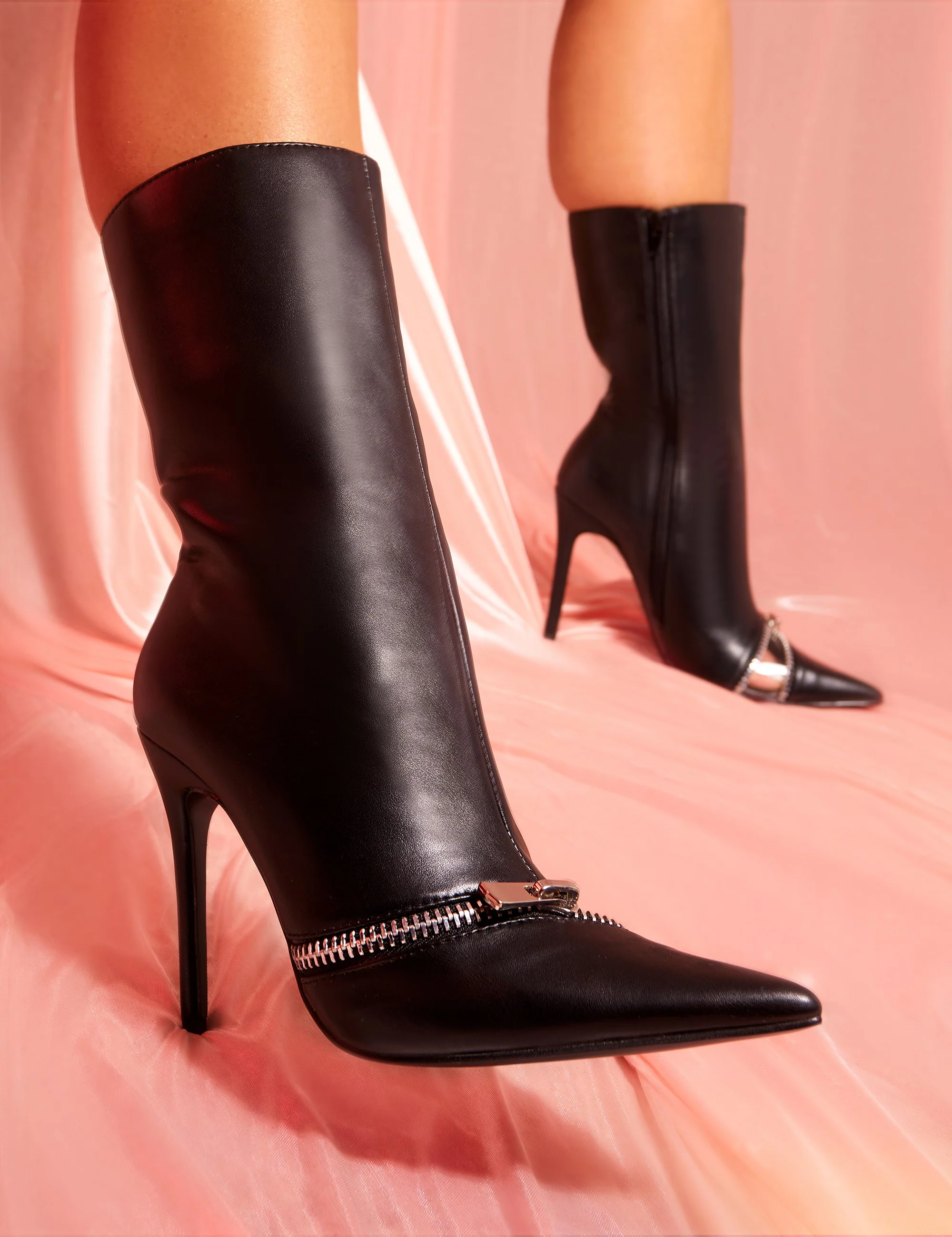 Pitstop Black Pu Zip Detail Pointed Toe Stiletto Heel Ankle Boots - Image 6