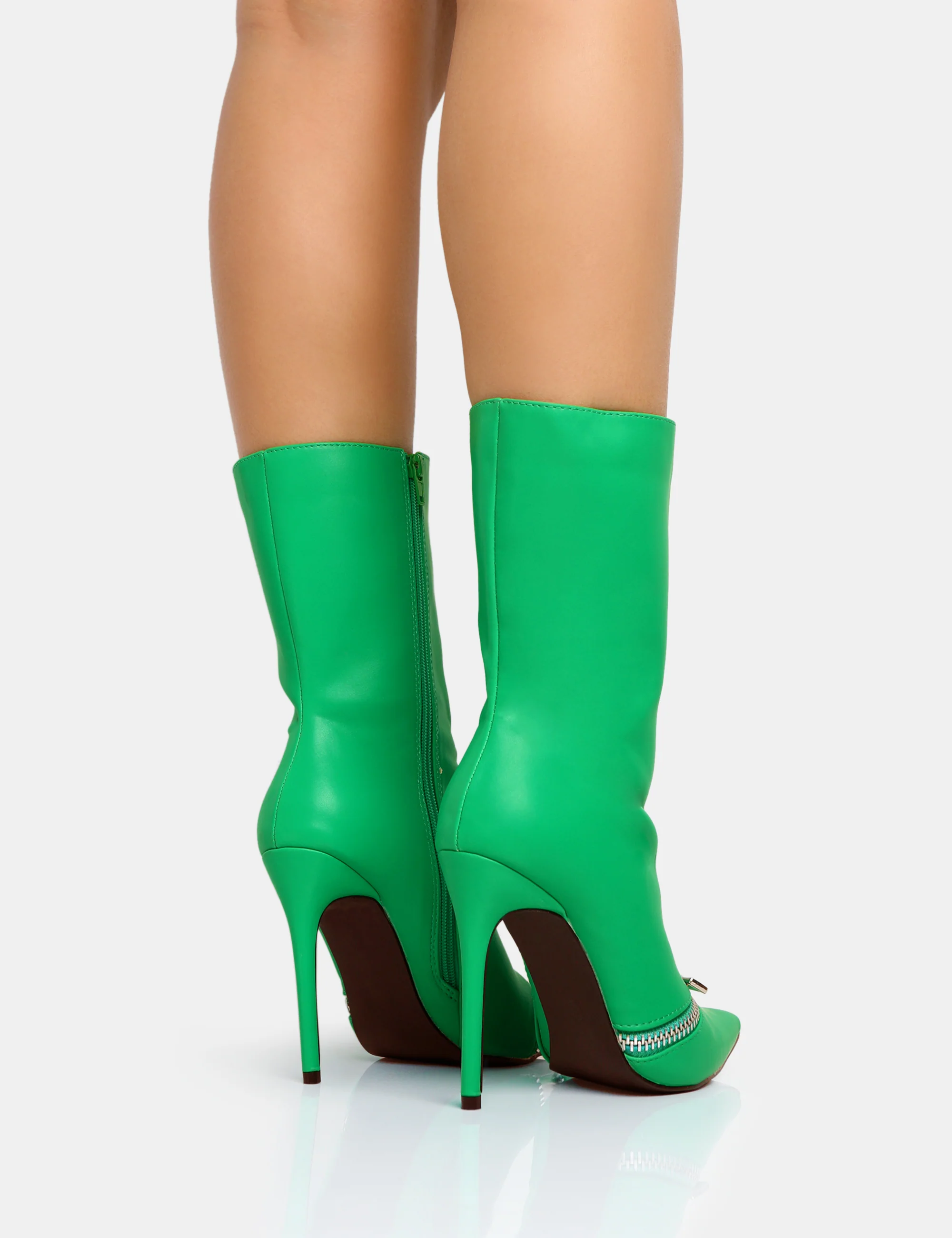 Pitstop Green Pu Zip Detail Pointed Toe Stiletto Heel Ankle Boots - Image 2