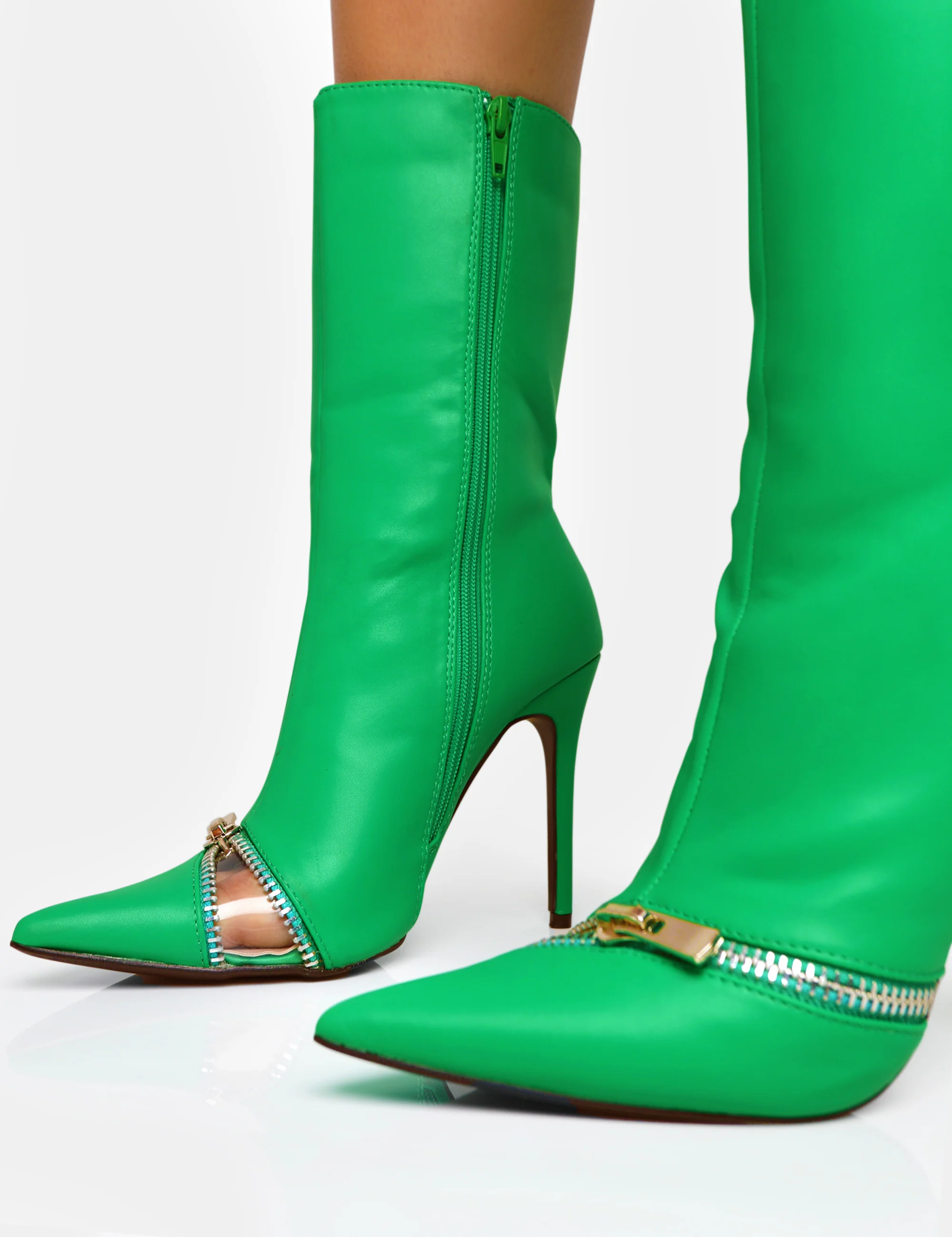 Pitstop Green Pu Zip Detail Pointed Toe Stiletto Heel Ankle Boots - Image 3