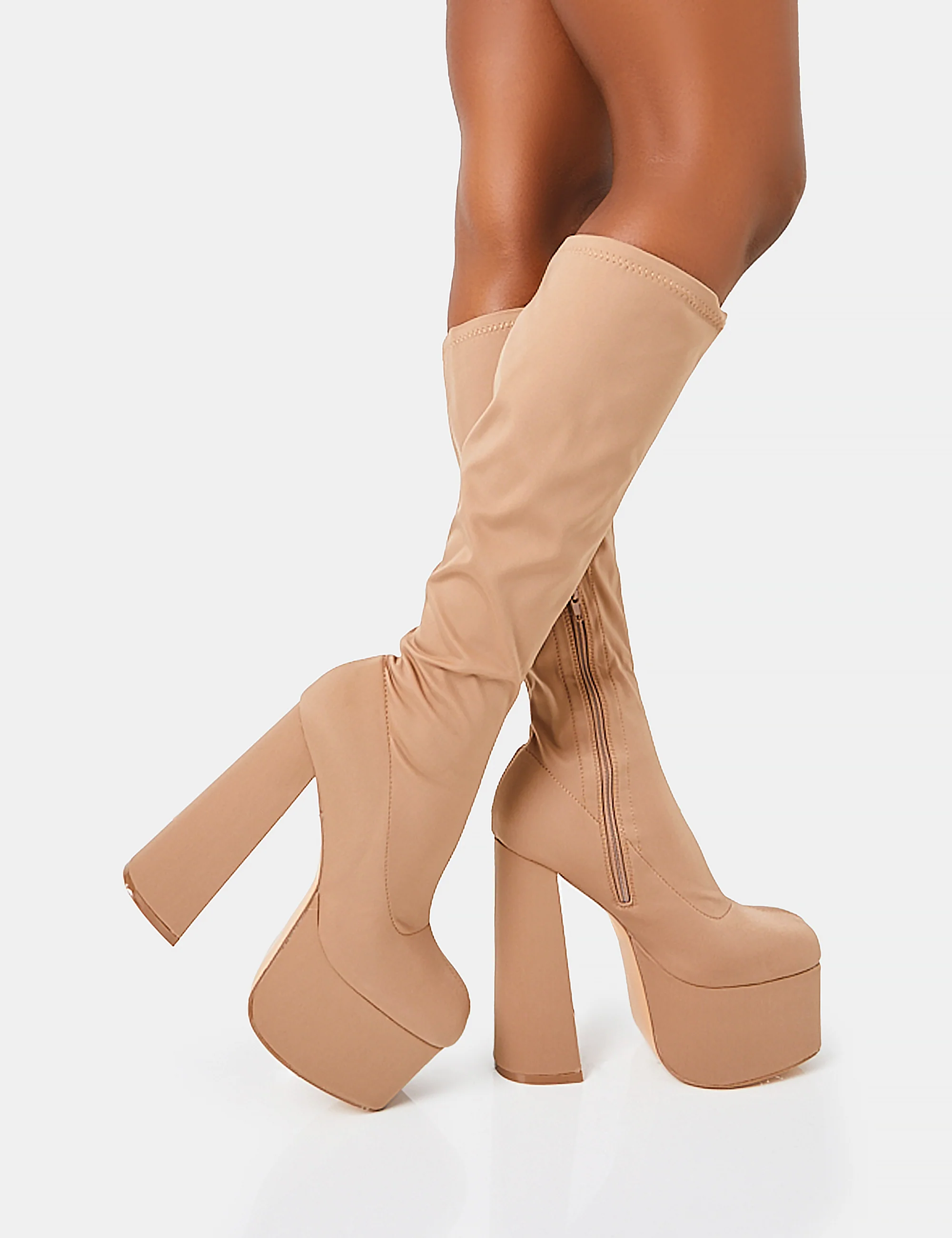 Polished Taupe Nylon Platform Rounded Block Heeled Knee High Boots - Image 2