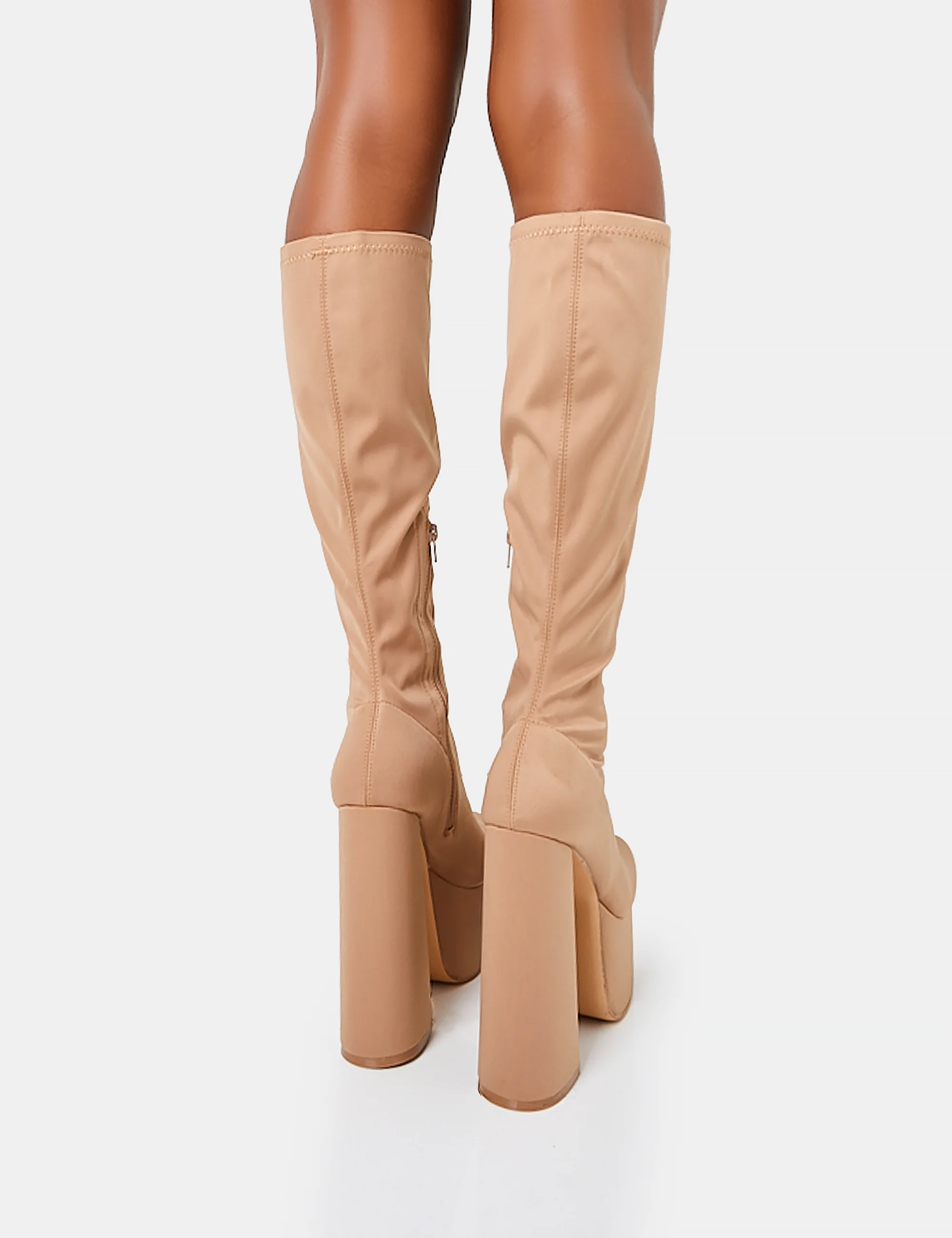 Polished Taupe Nylon Platform Rounded Block Heeled Knee High Boots - Image 3