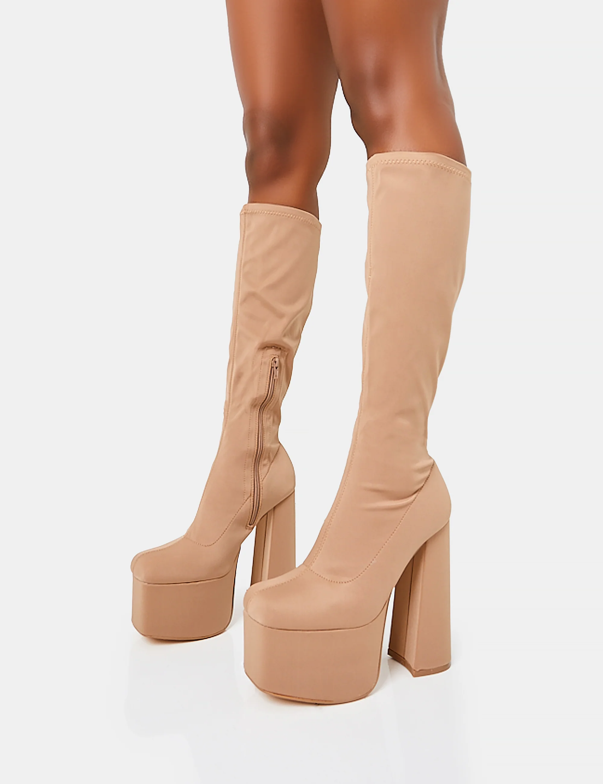 Polished Taupe Nylon Platform Rounded Block Heeled Knee High Boots - Image 4