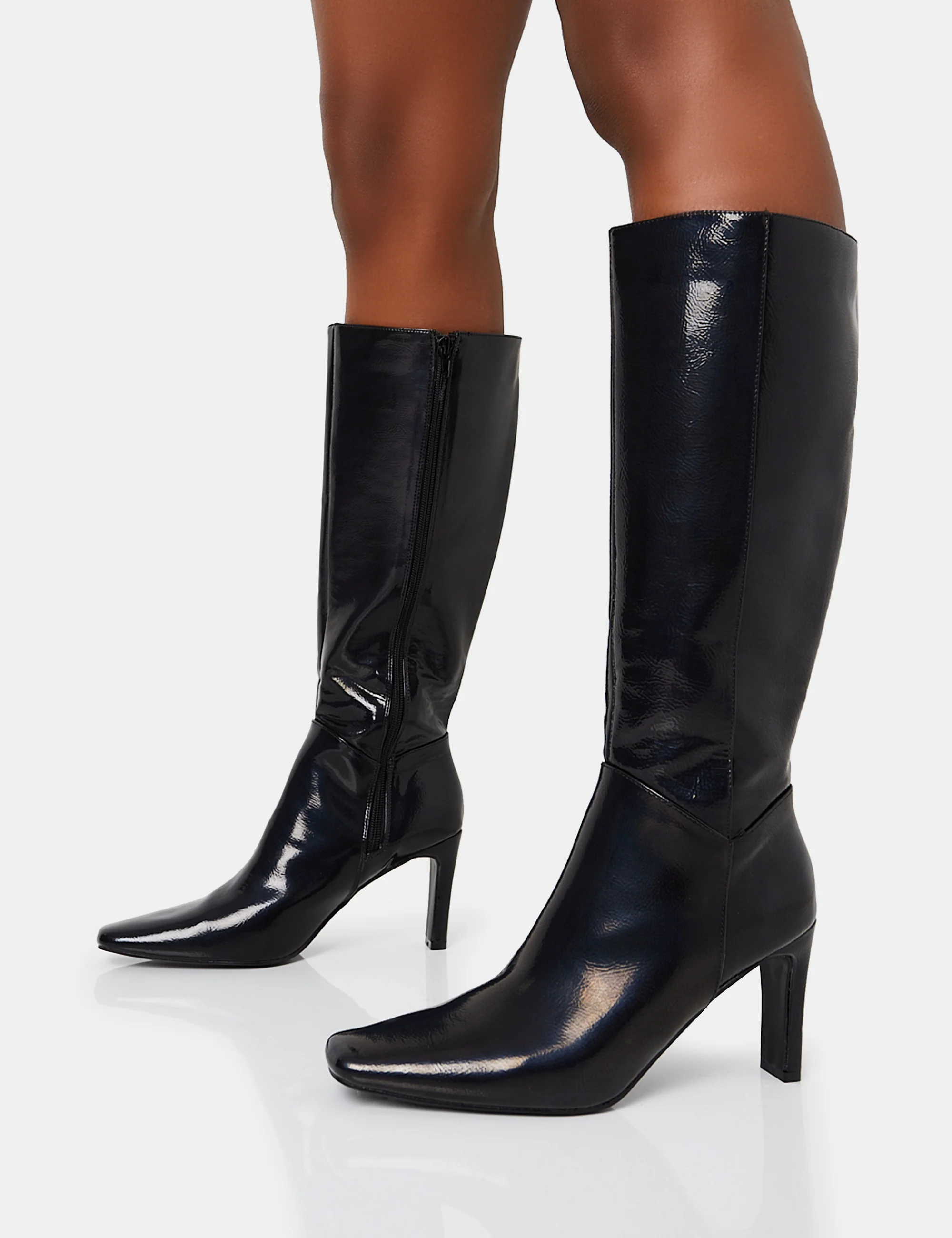 Pose Black Textured Pu Zip Up Knee High Slim Block Heeled Boots - Image 3