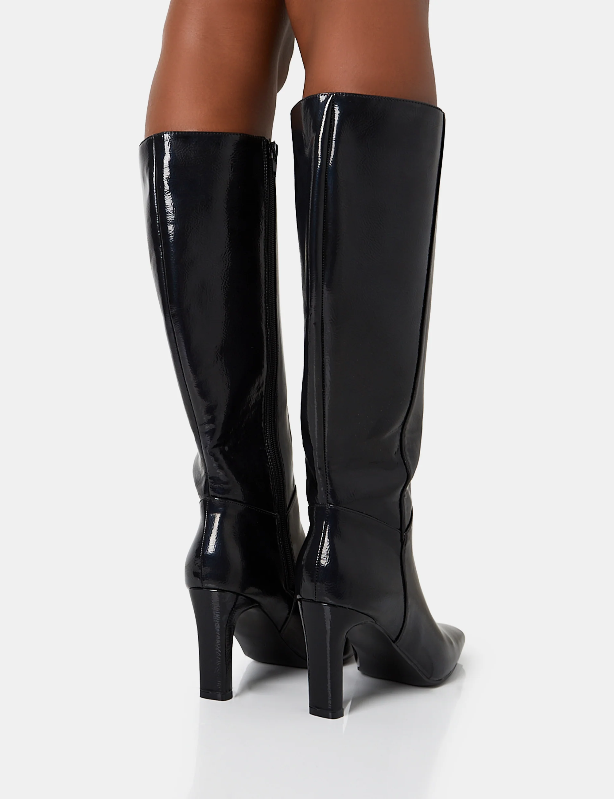 Pose Black Textured Pu Zip Up Knee High Slim Block Heeled Boots - Image 4