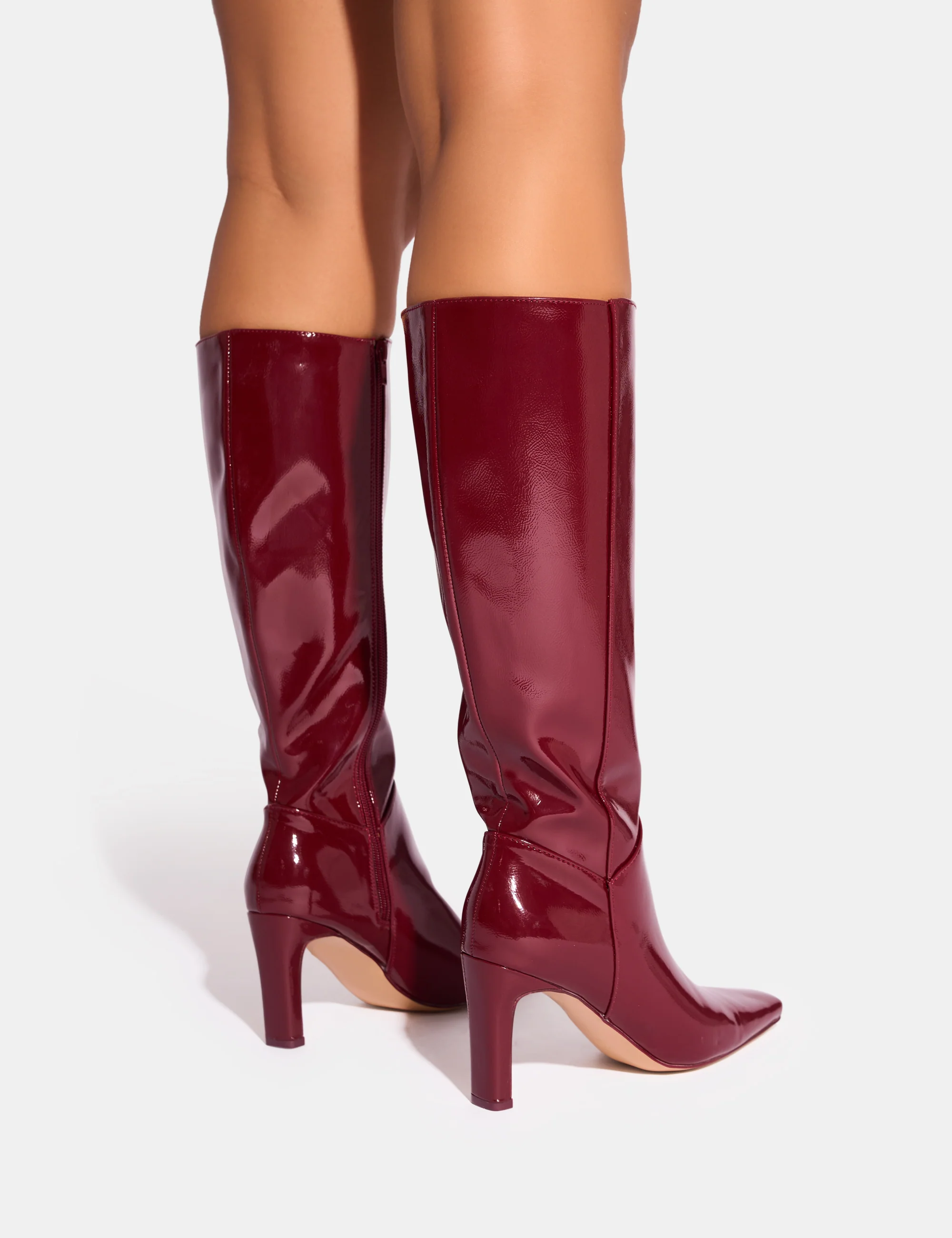 Pose Burgundy Patent Zip Knee High Slim Block Heeled Boots - Image 3
