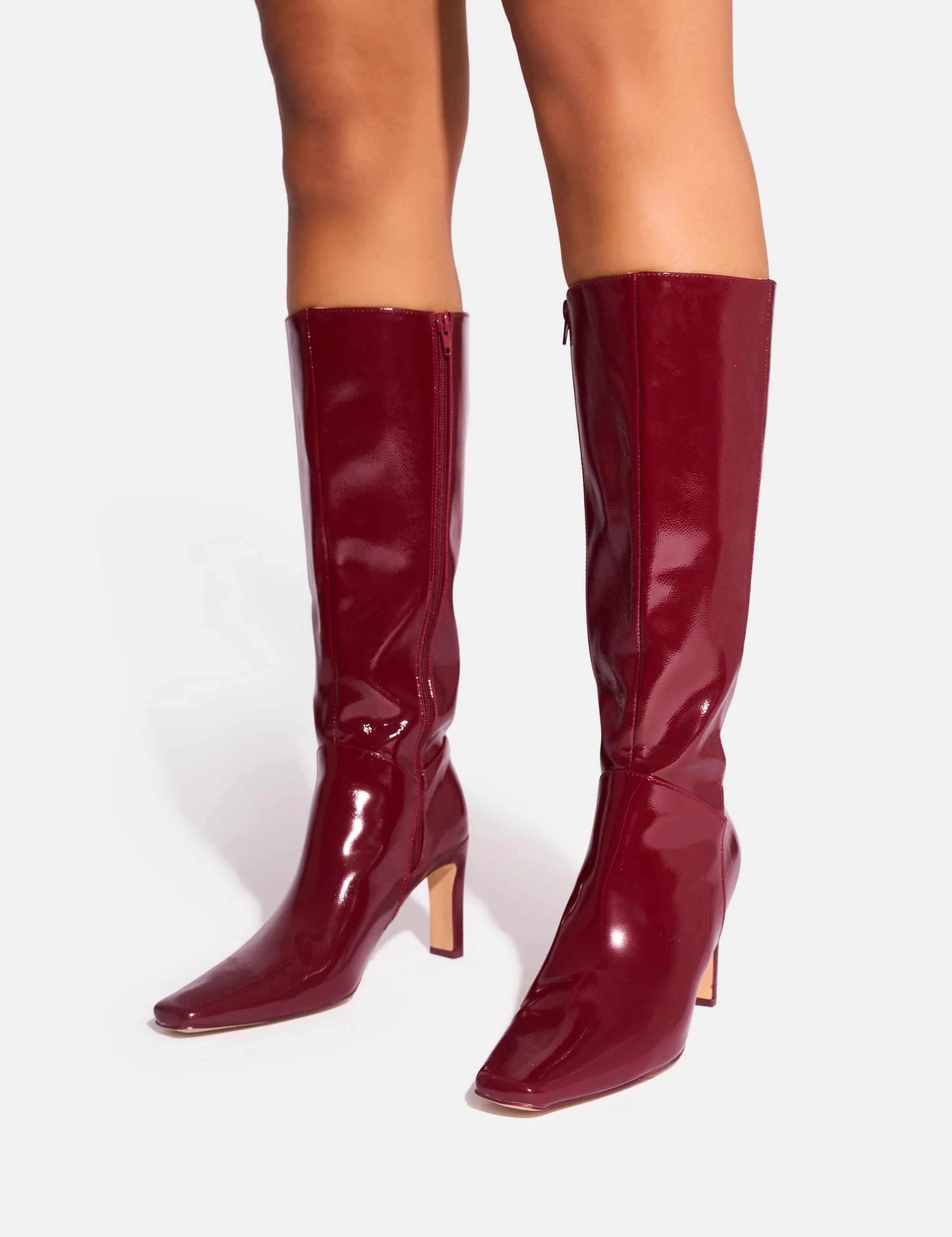 Pose Burgundy Patent Zip Knee High Slim Block Heeled Boots - Image 4