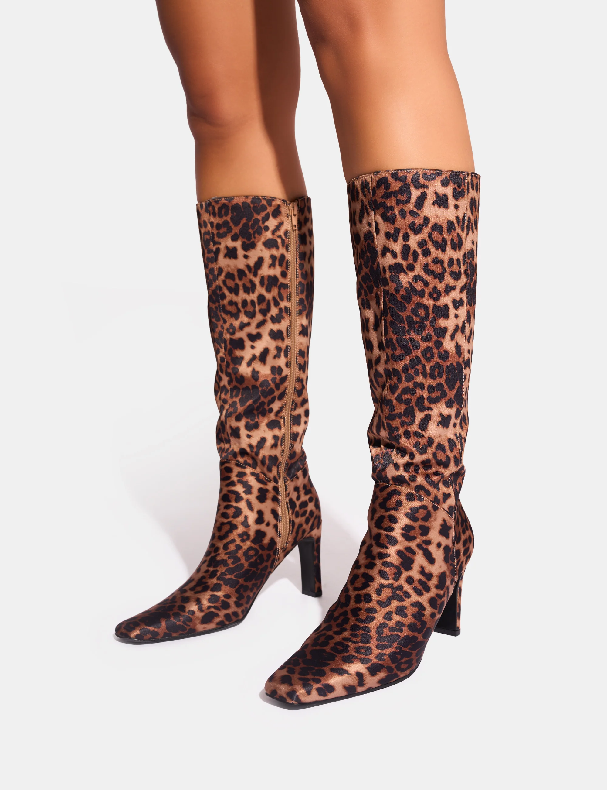 Pose Leopard Wide Fit Zip Up Knee High Slim Block Heeled Boots - Image 3