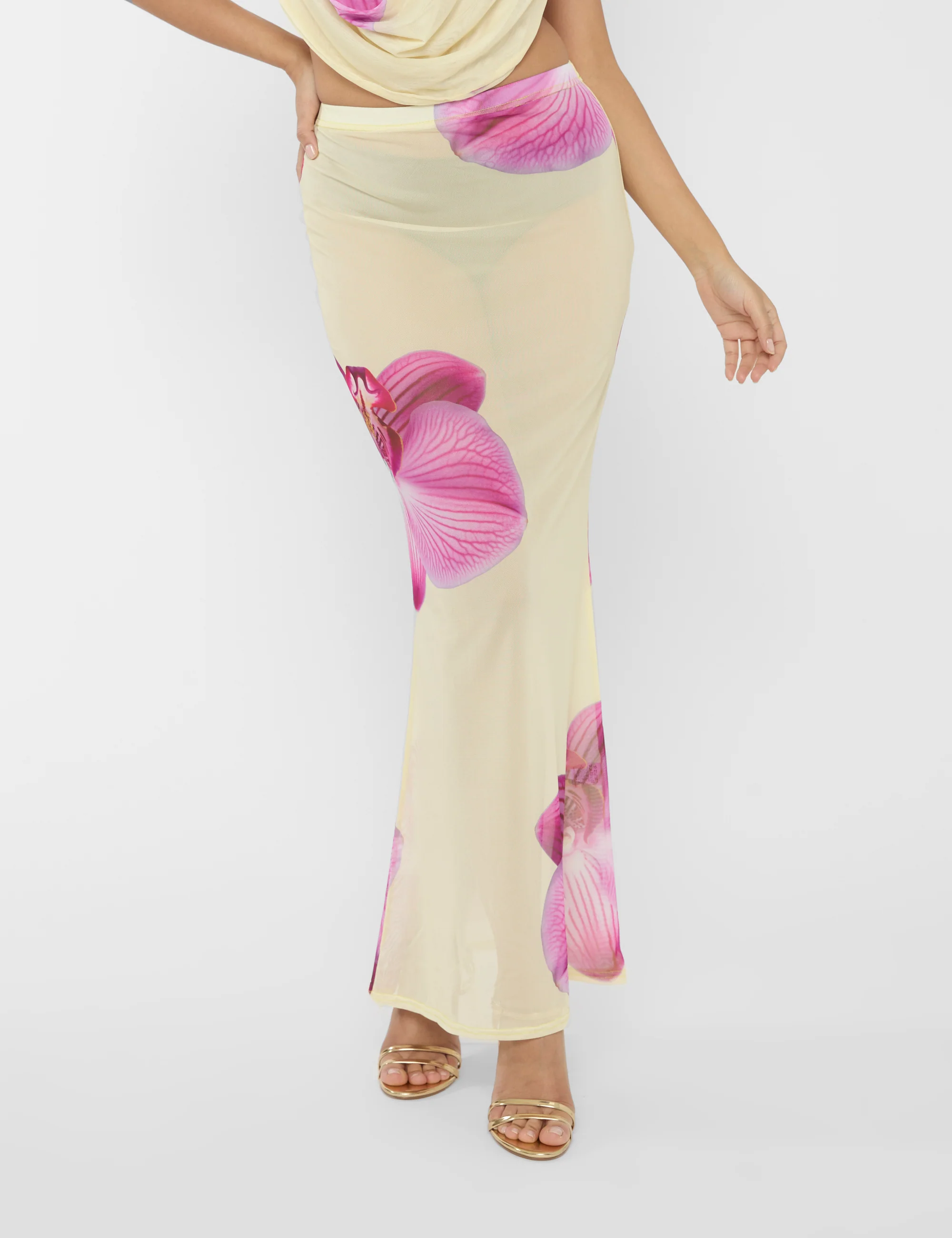 Printed Floral Mesh Maxi Skirt Co-ord Yellow - Image 2