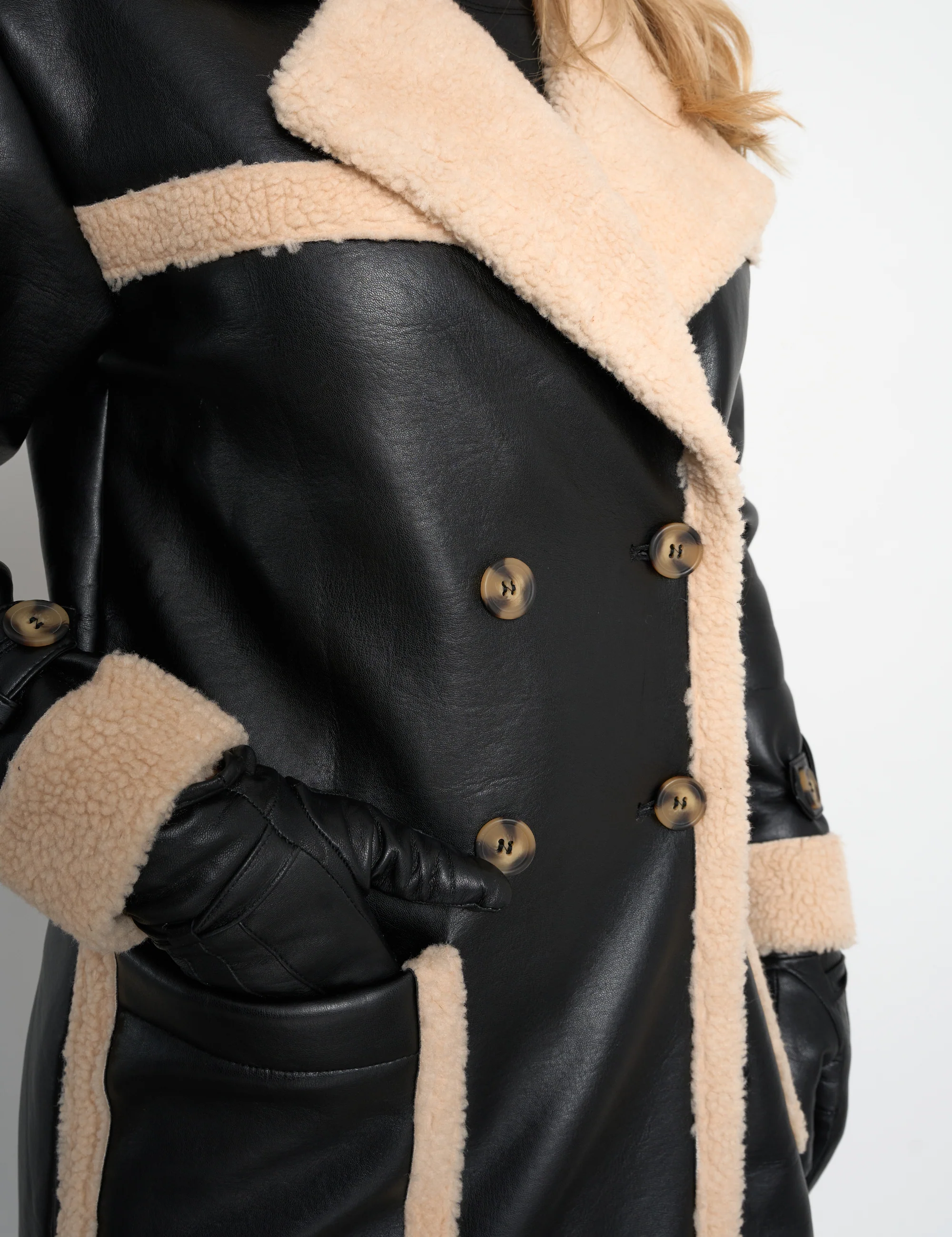 Borg Lined Faux Leather Maxi Aviator Coat Black - Image 4