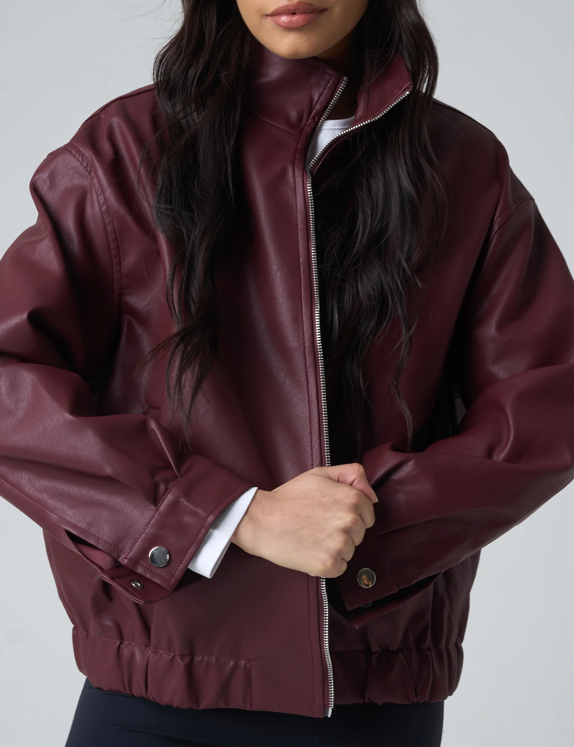 Faux Leather Oversized Bomber Jacket Burgundy - Image 3