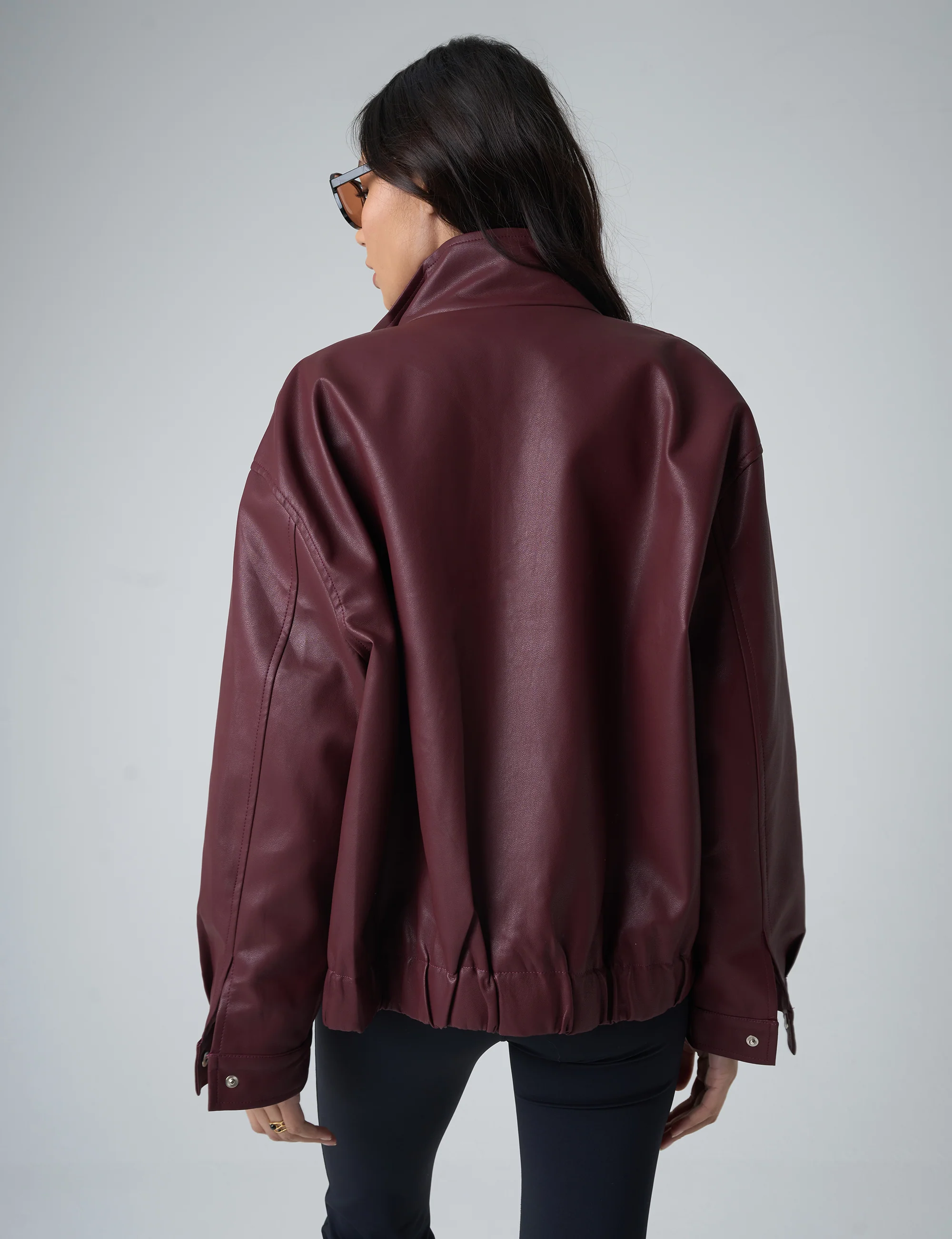Faux Leather Oversized Bomber Jacket Burgundy - Image 4