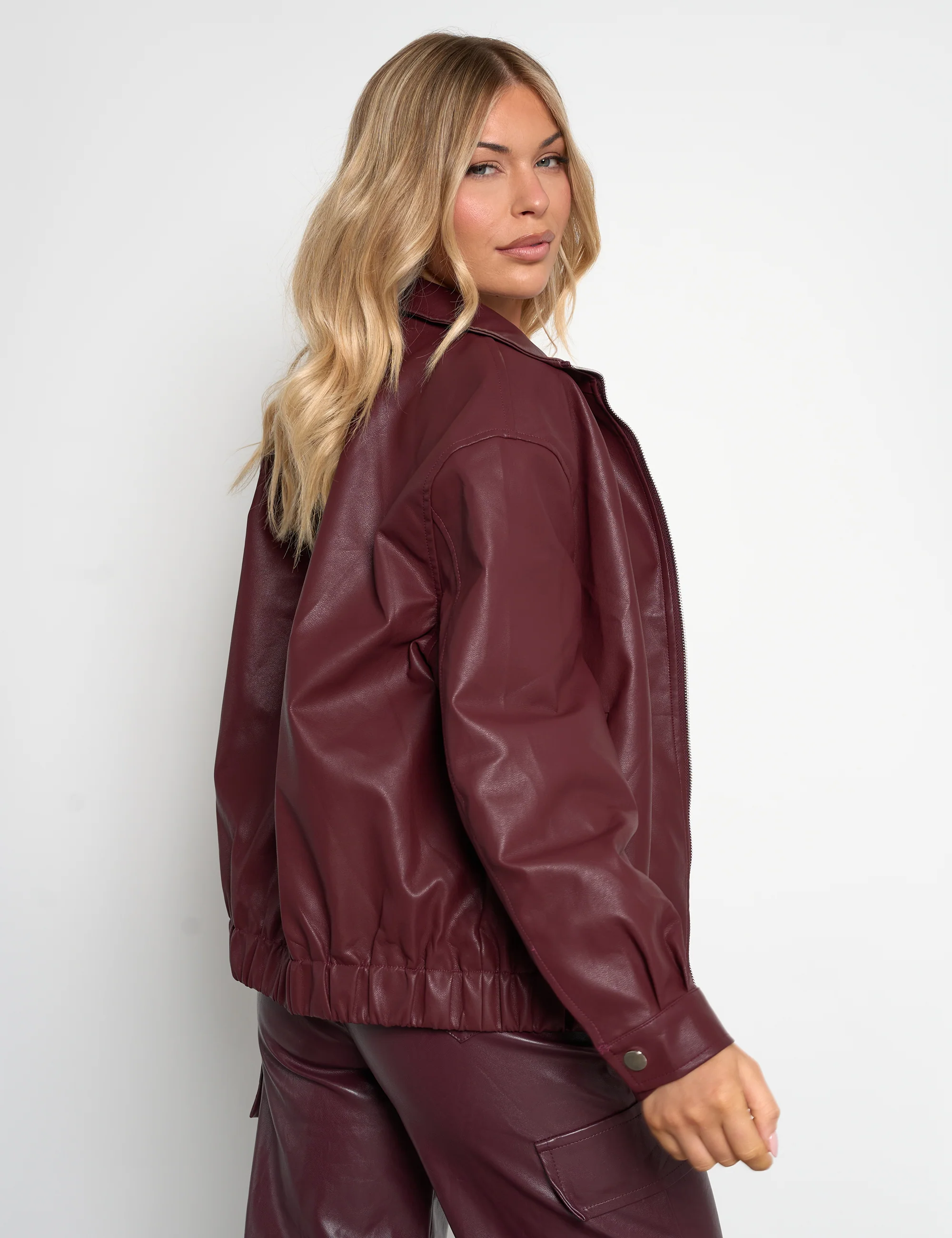 Faux Leather Oversized Bomber Jacket Burgundy - Image 6