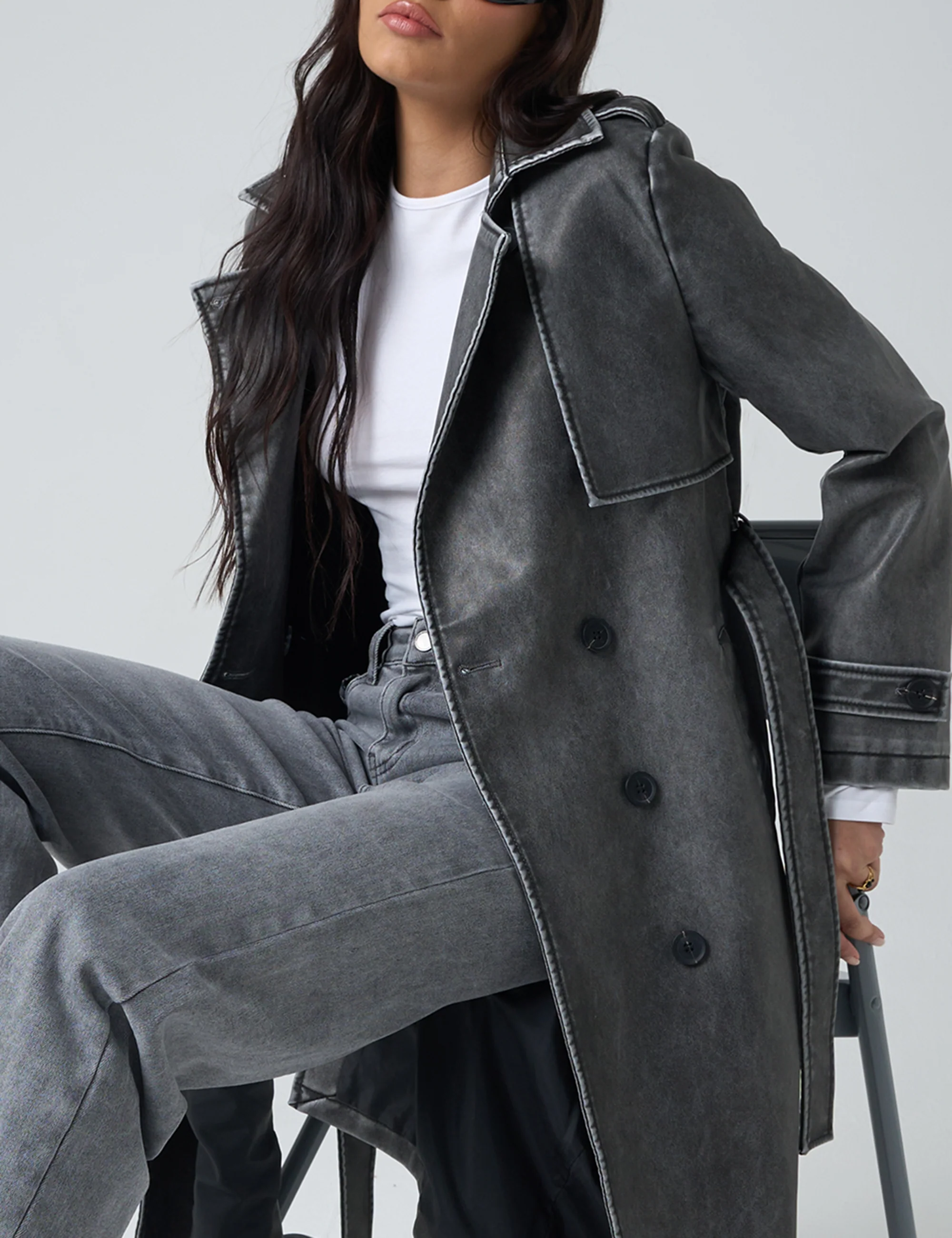 Distressed Faux Leather Long Trench Coat Dark Grey - Image 3