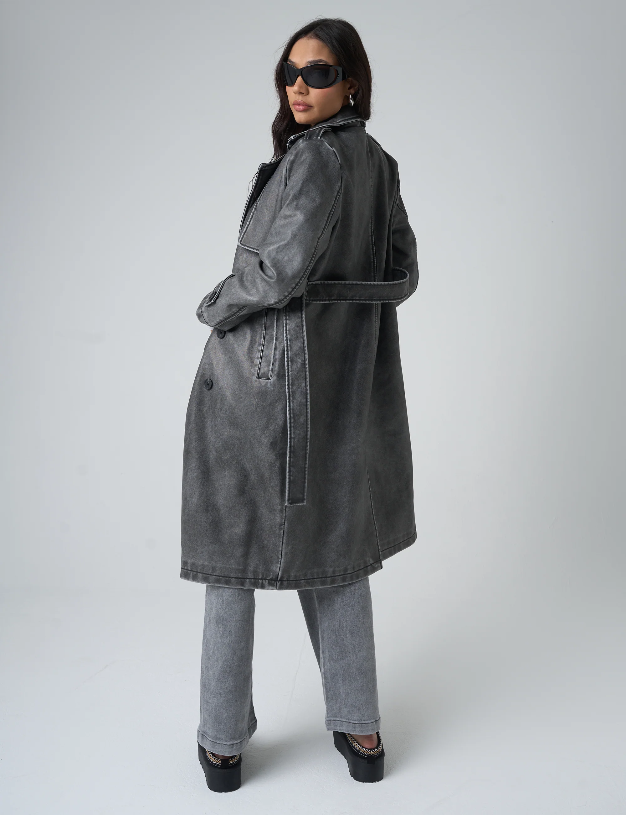 Distressed Faux Leather Long Trench Coat Dark Grey - Image 4