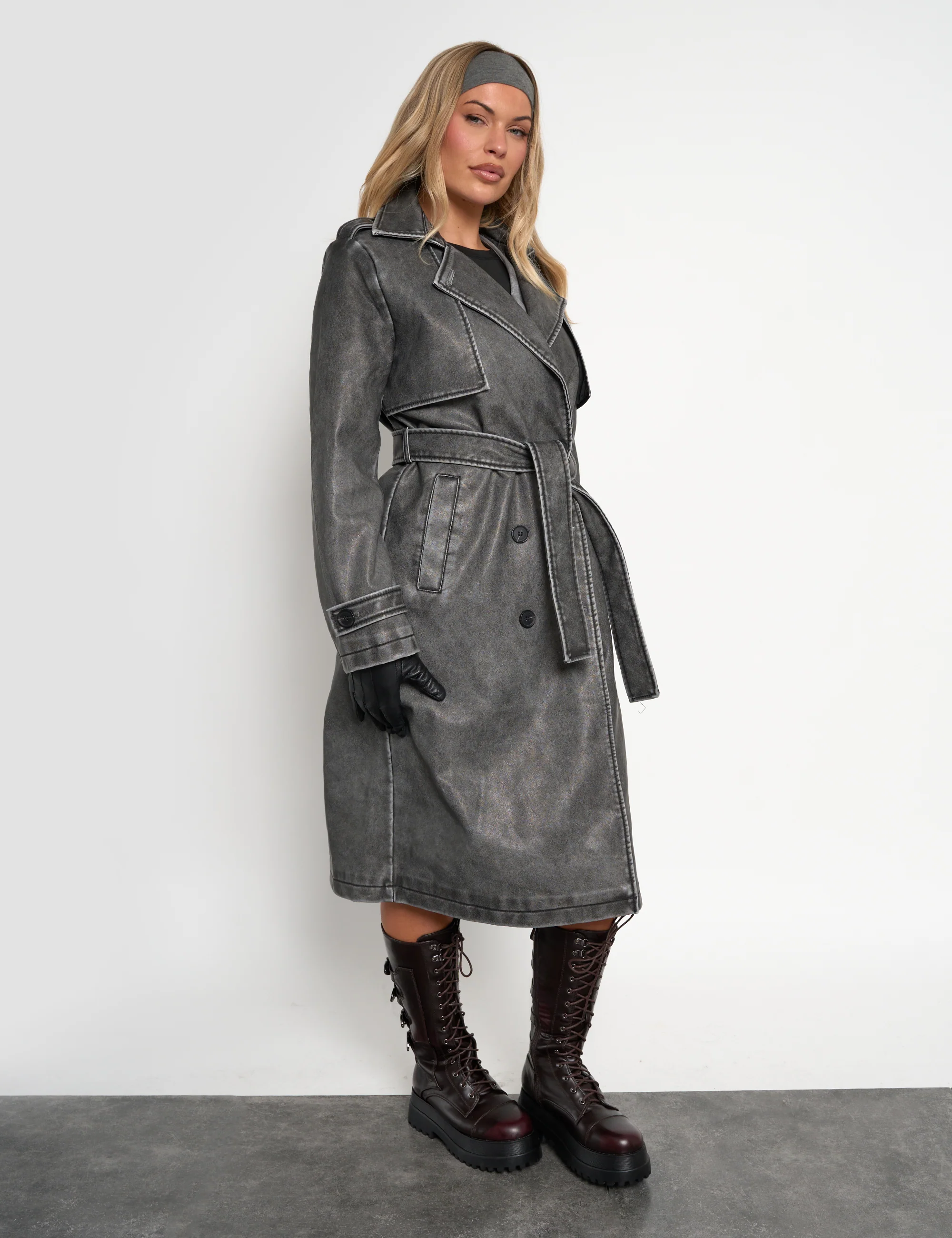 Distressed Faux Leather Long Trench Coat Dark Grey - Image 5
