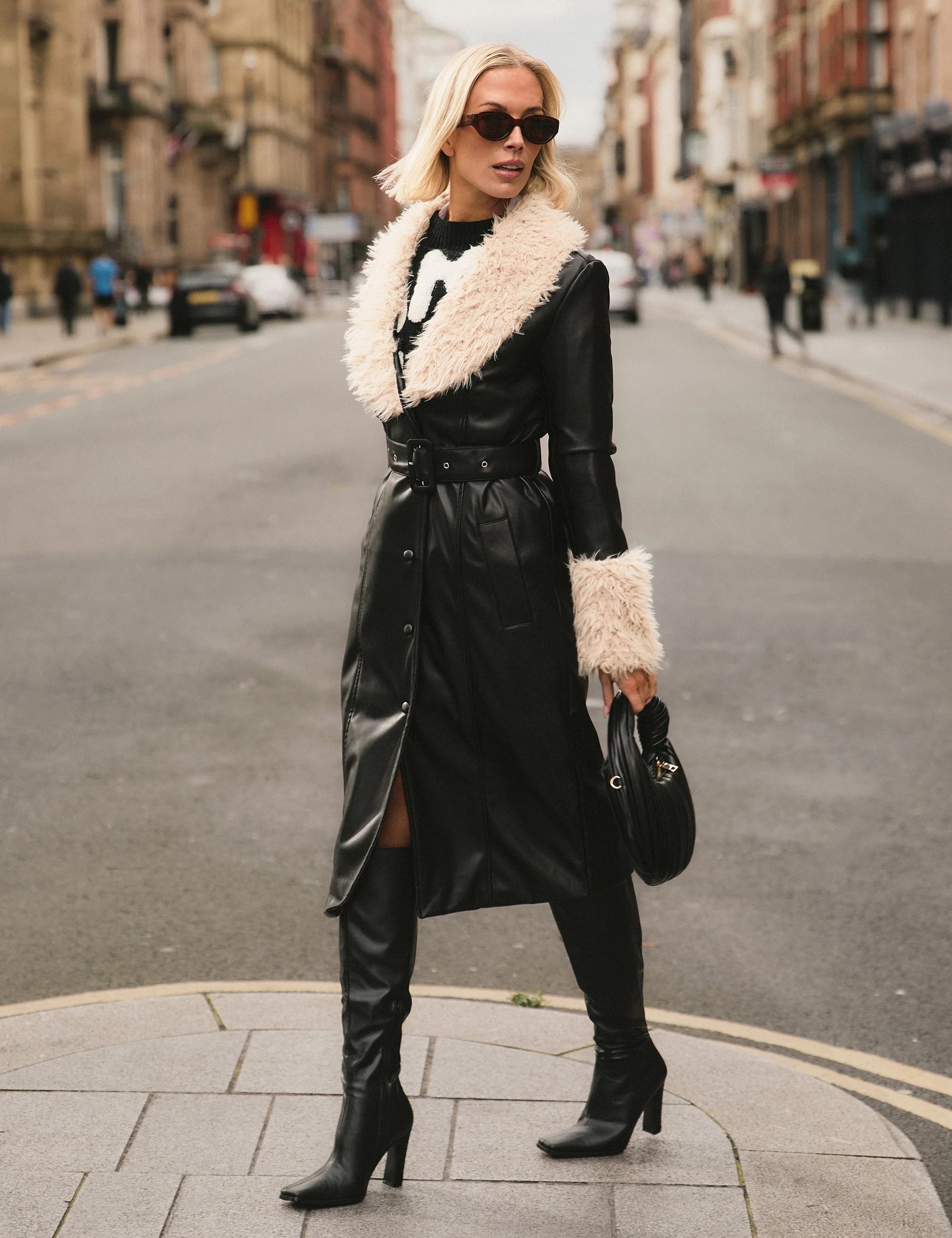 Faux Fur Trim Belted Faux Leather Trench Coat Black - Image 6
