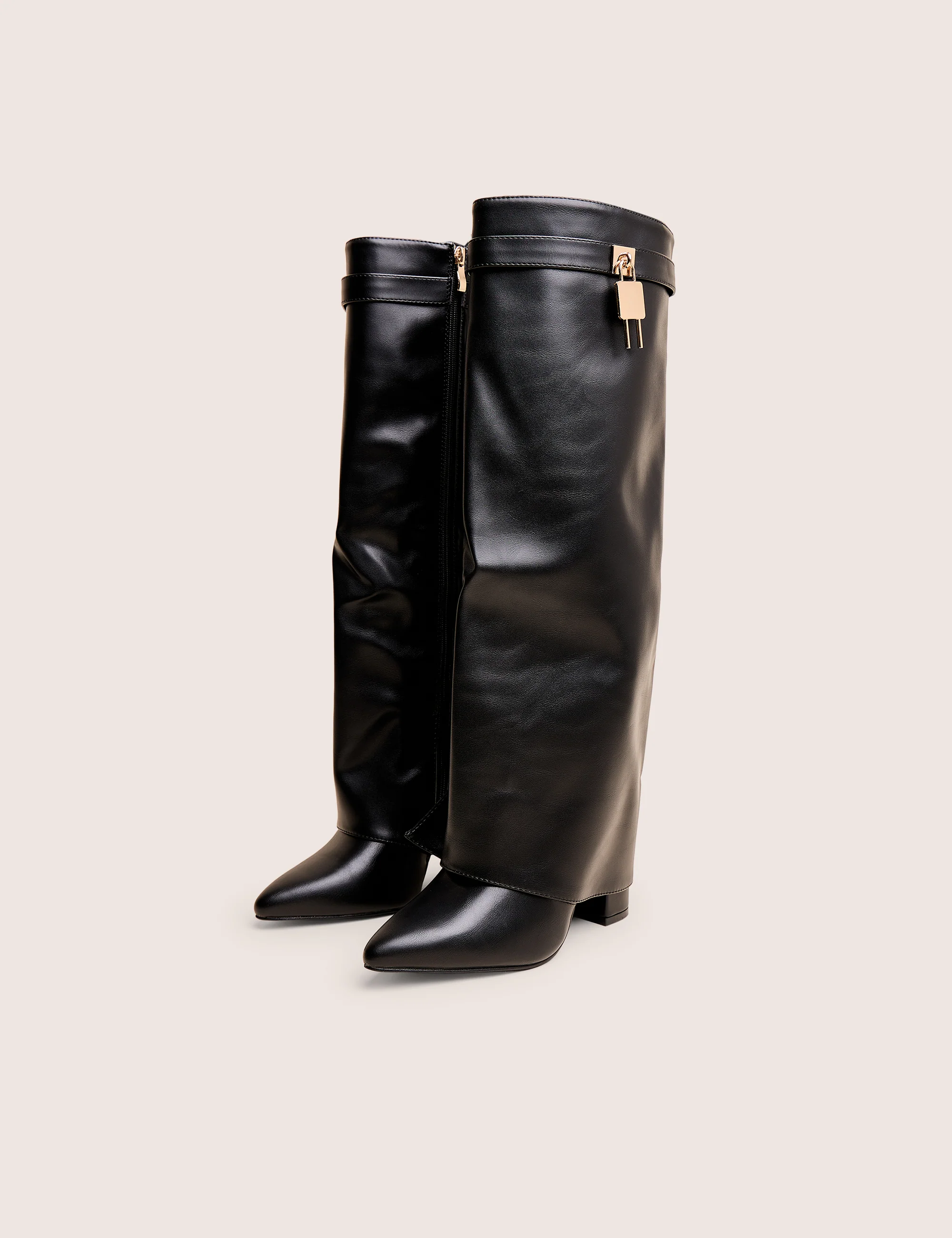 Reese Black Fold Over Pu Knee High Boots - Image 2