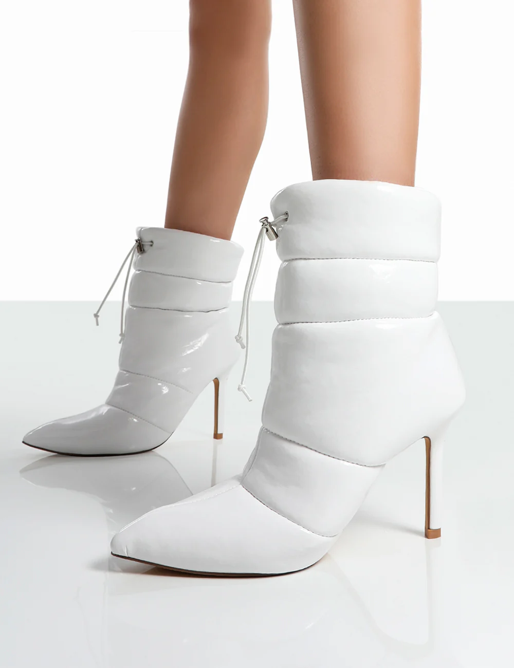Reset White Patent Puffer Drawstring Stiletto Heeled Boots - Image 4