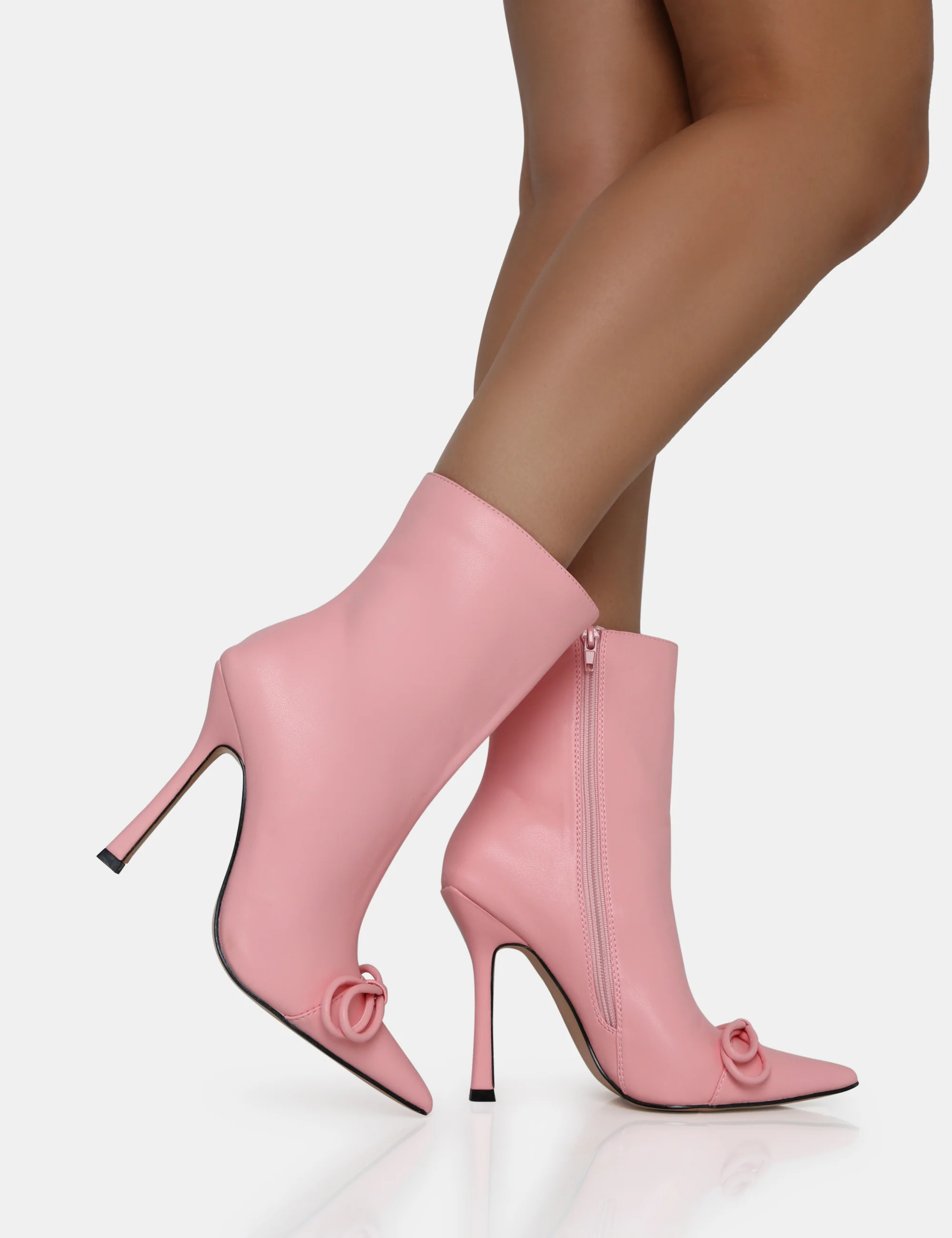 Rhia Pink Pu Bow Pointed Toe Stiletto Ankle Boots - Image 4