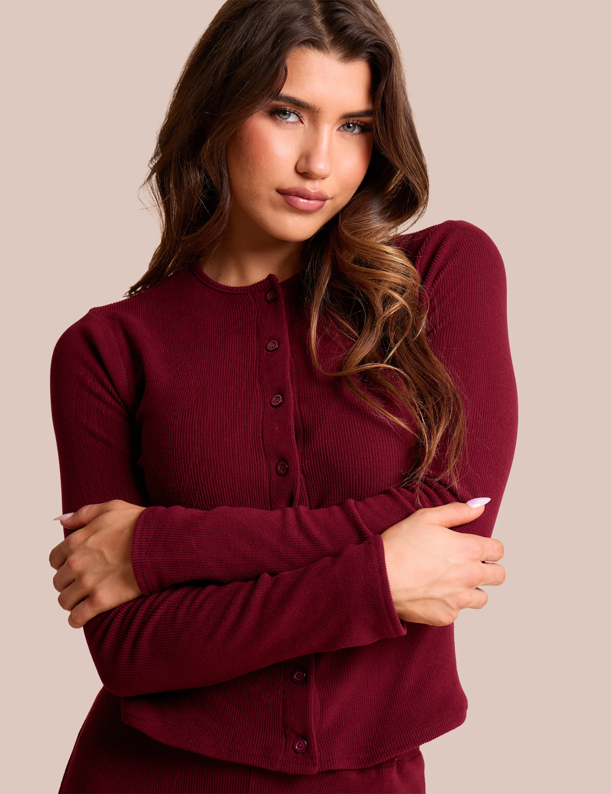 Rib Button Through Long Sleeve Top Burgundy - Image 2