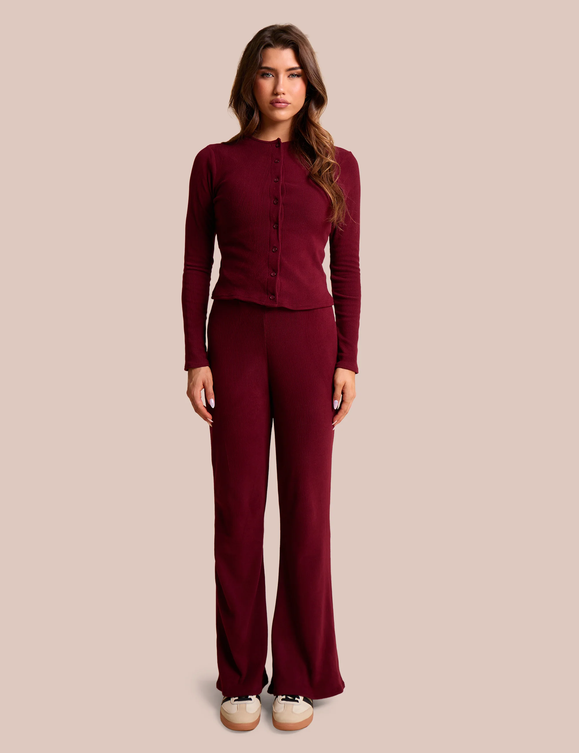 Rib Button Through Long Sleeve Top Burgundy - Image 3