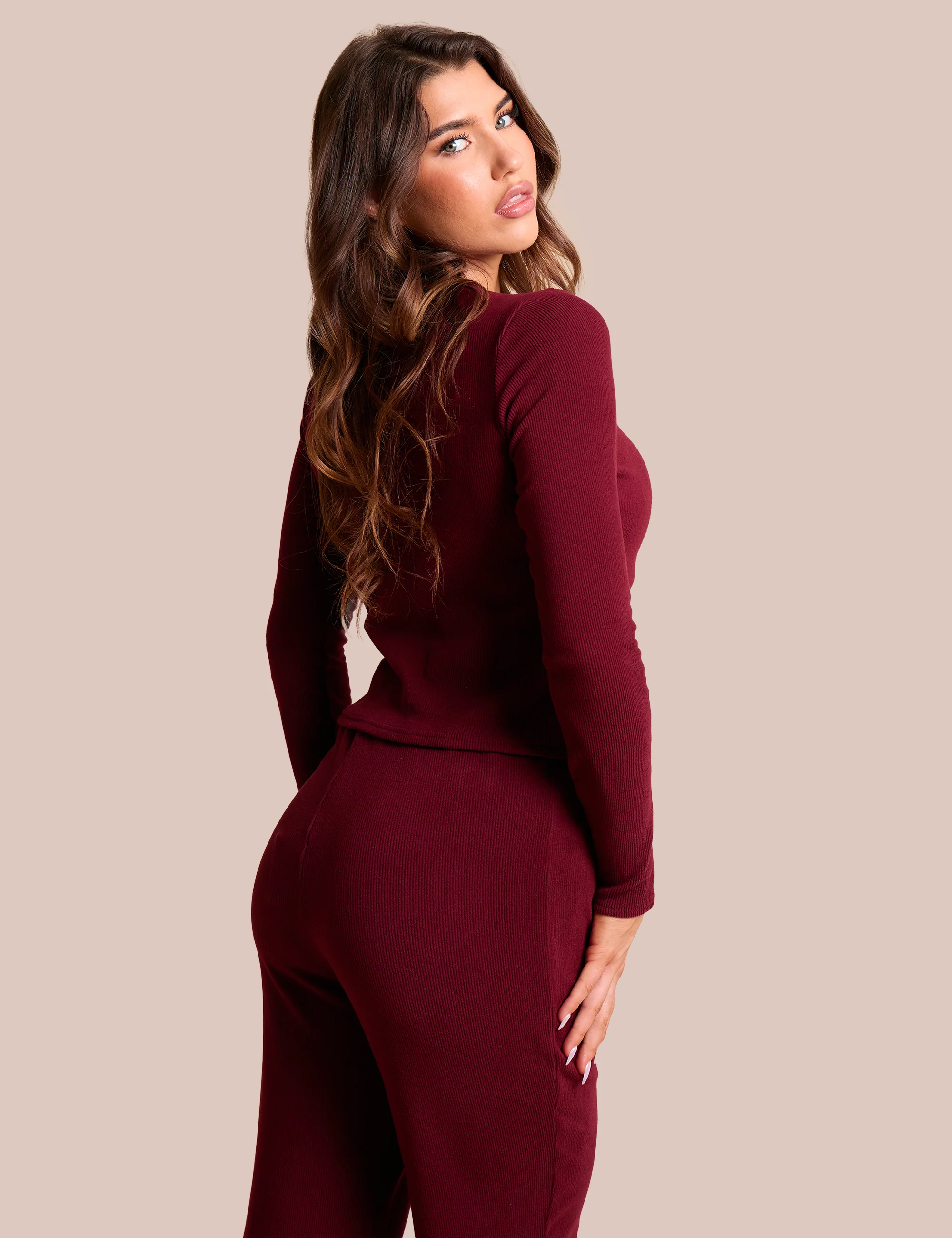 Rib Button Through Long Sleeve Top Burgundy - Image 4