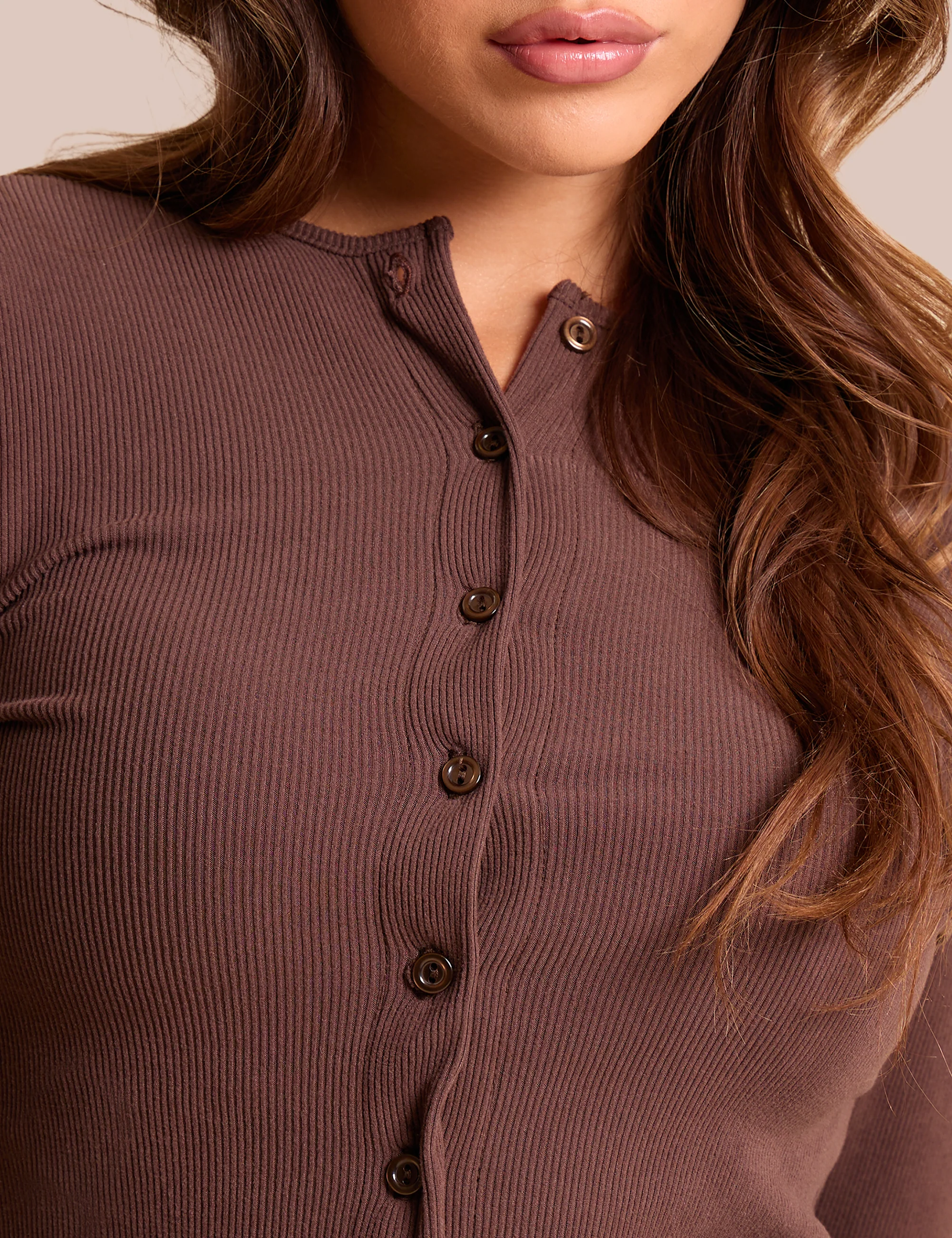 Rib Button Through Long Sleeve Top Chocolate - Image 3