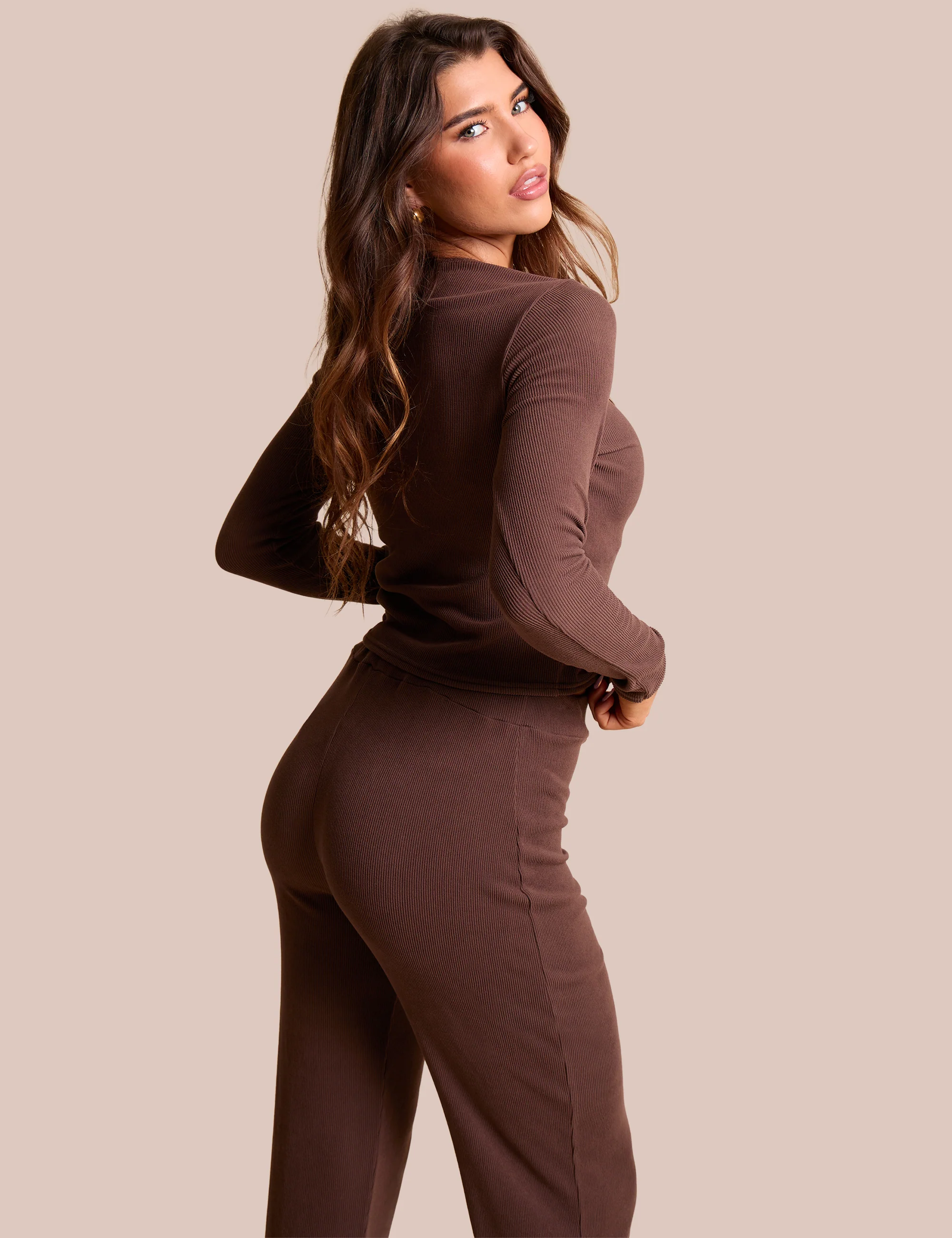 Rib Button Through Long Sleeve Top Chocolate - Image 4