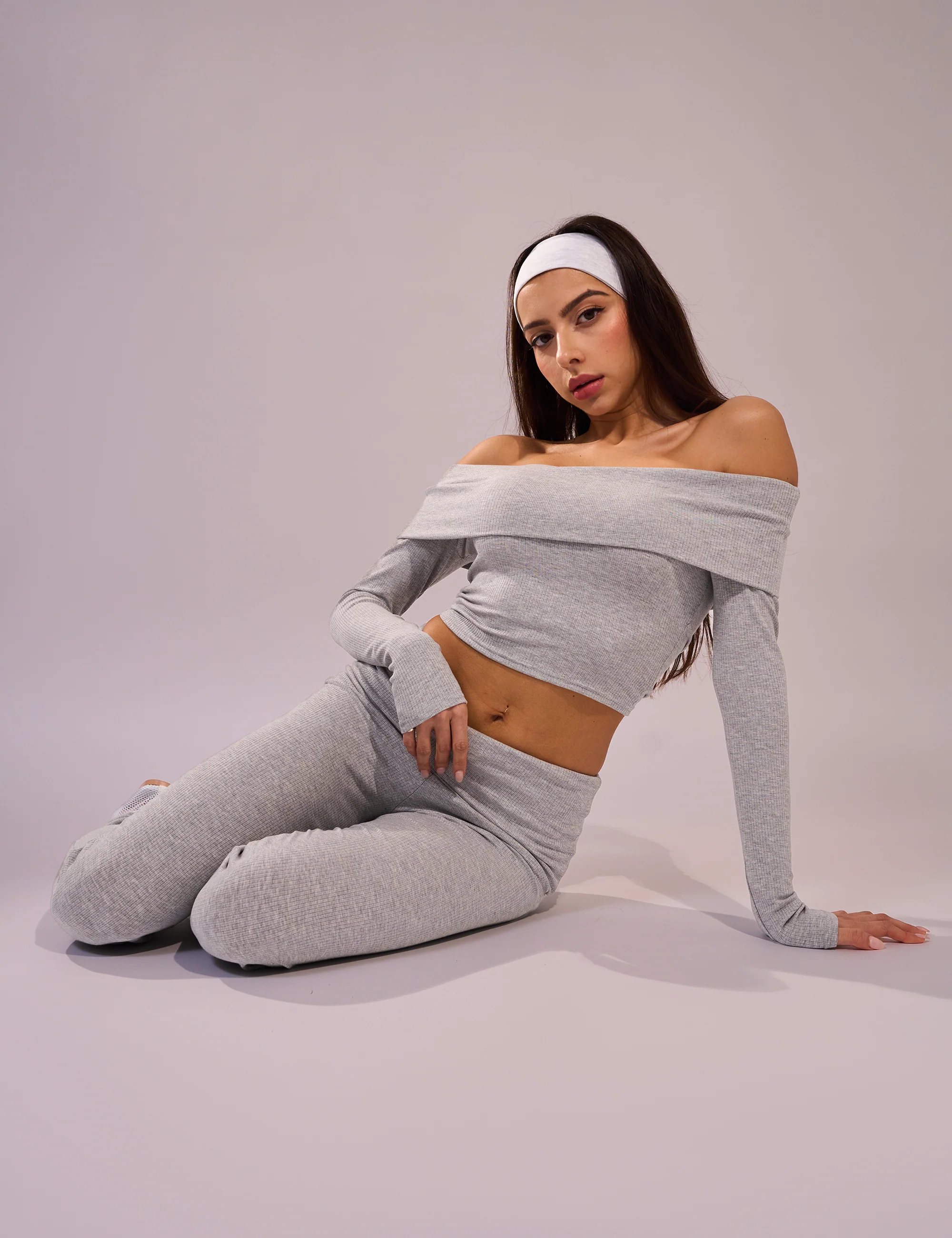 Rib Foldover Long Sleeve Top Grey - Image 3
