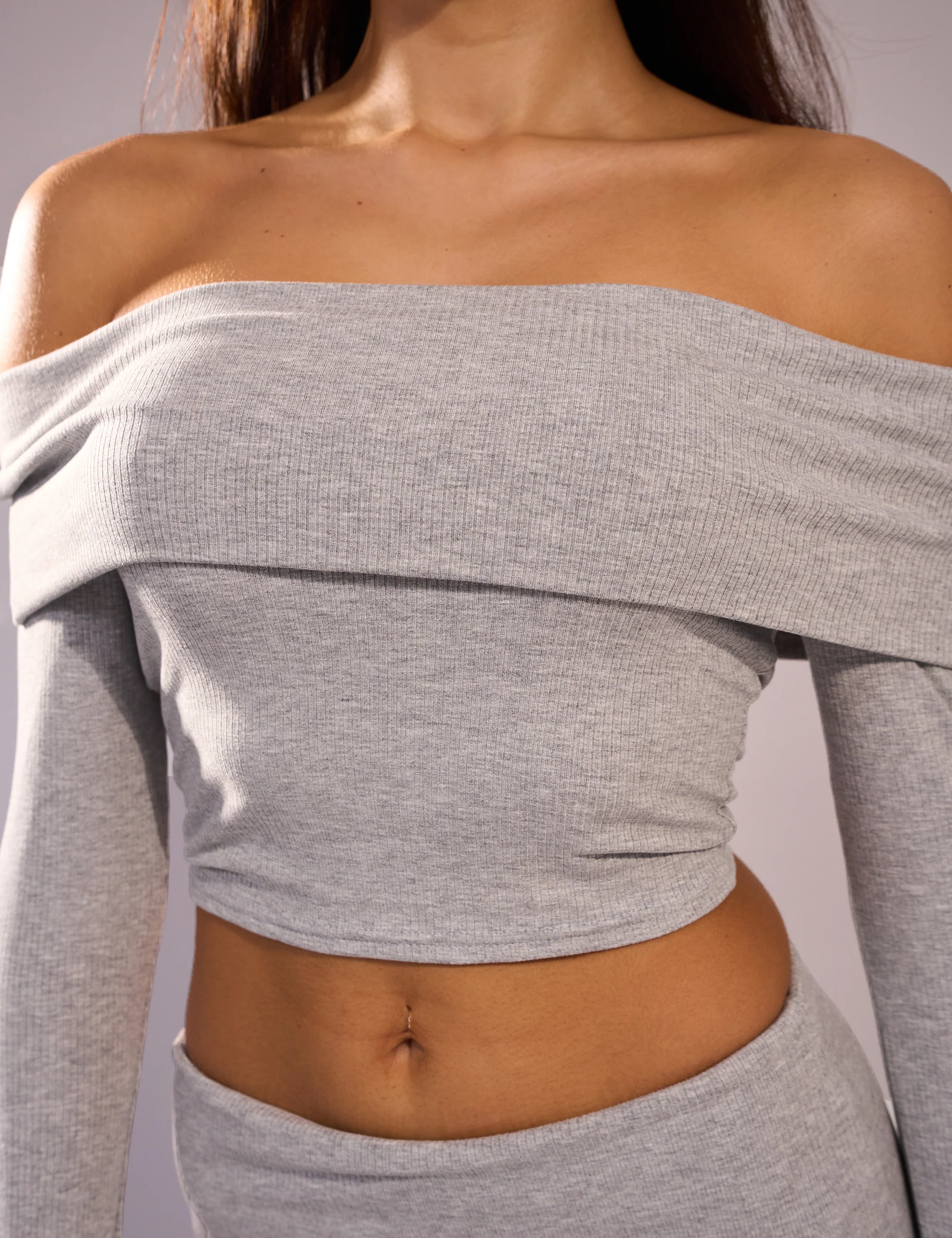 Rib Foldover Long Sleeve Top Grey - Image 4