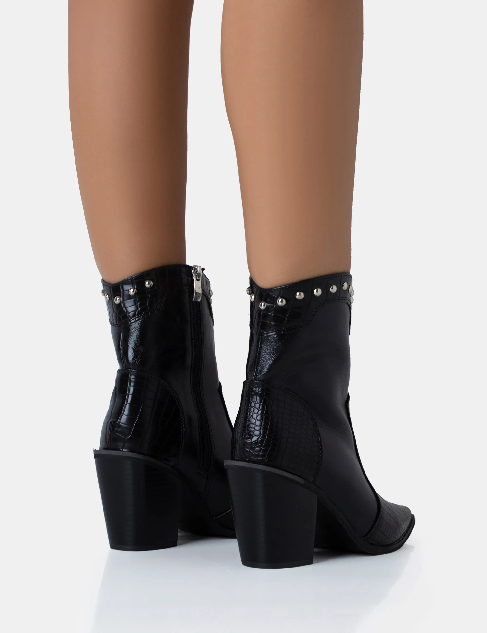 Riley Black Croc Metal Studded Detail Western Cowboy Block Ankle Boots - Image 4