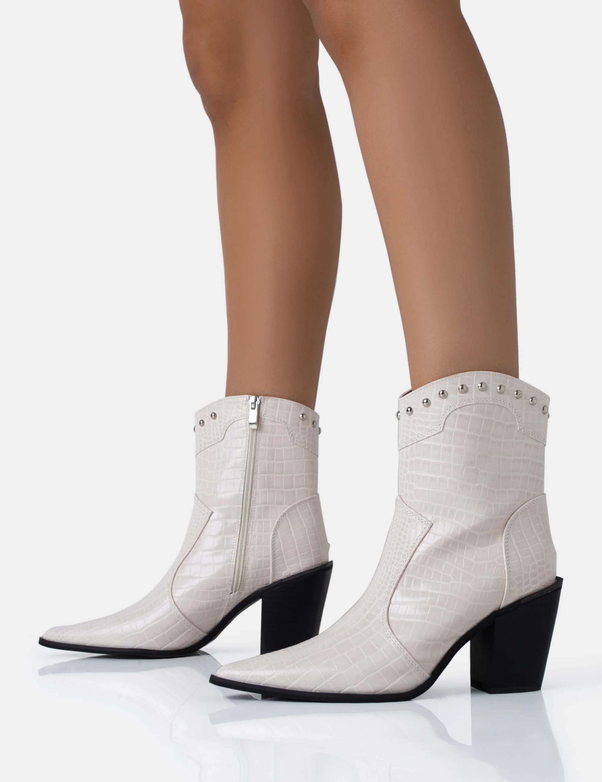 Riley Ecru Croc Metal Studded Detail Western Cowboy Block Ankle Boots - Image 3
