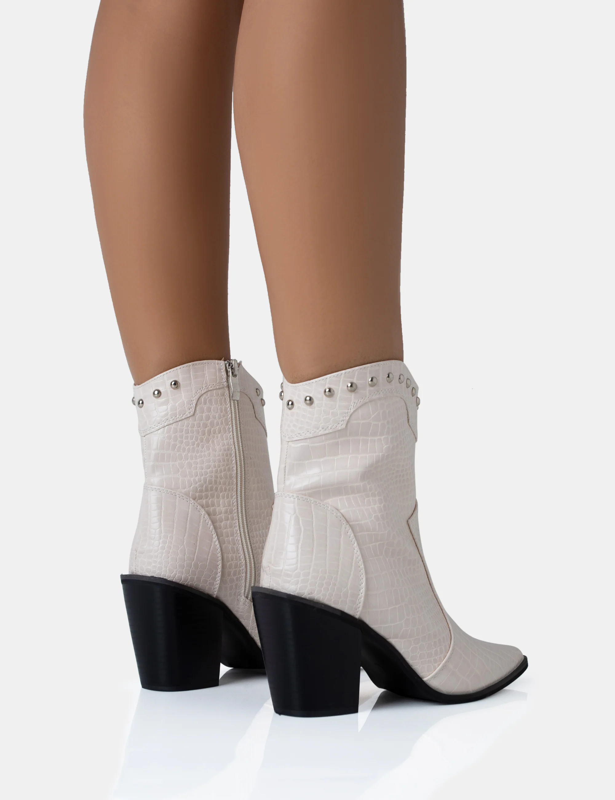 Riley Ecru Croc Metal Studded Detail Western Cowboy Block Ankle Boots - Image 4