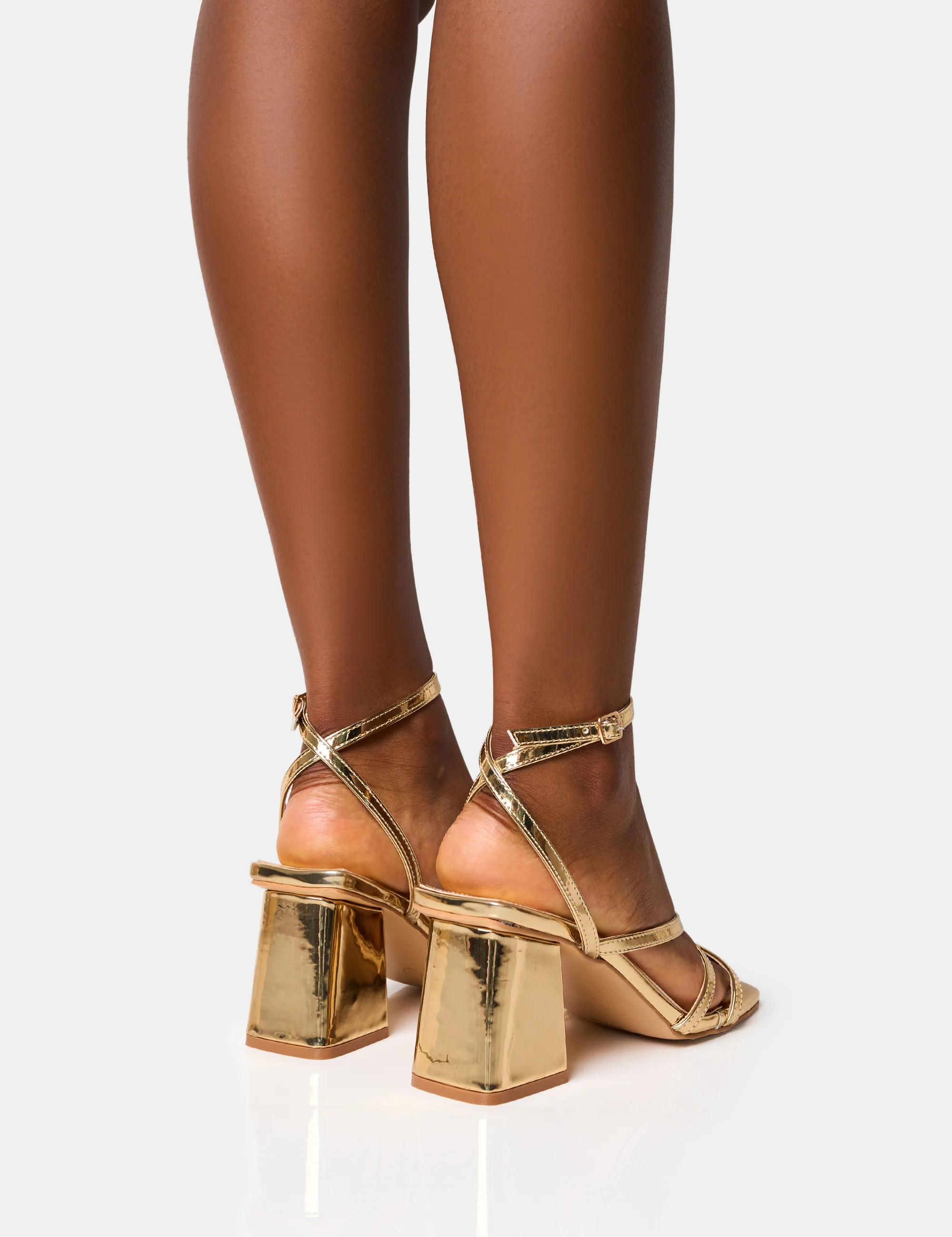 Robin Gold Strappy Square Toe Mid Block Heels - Image 8