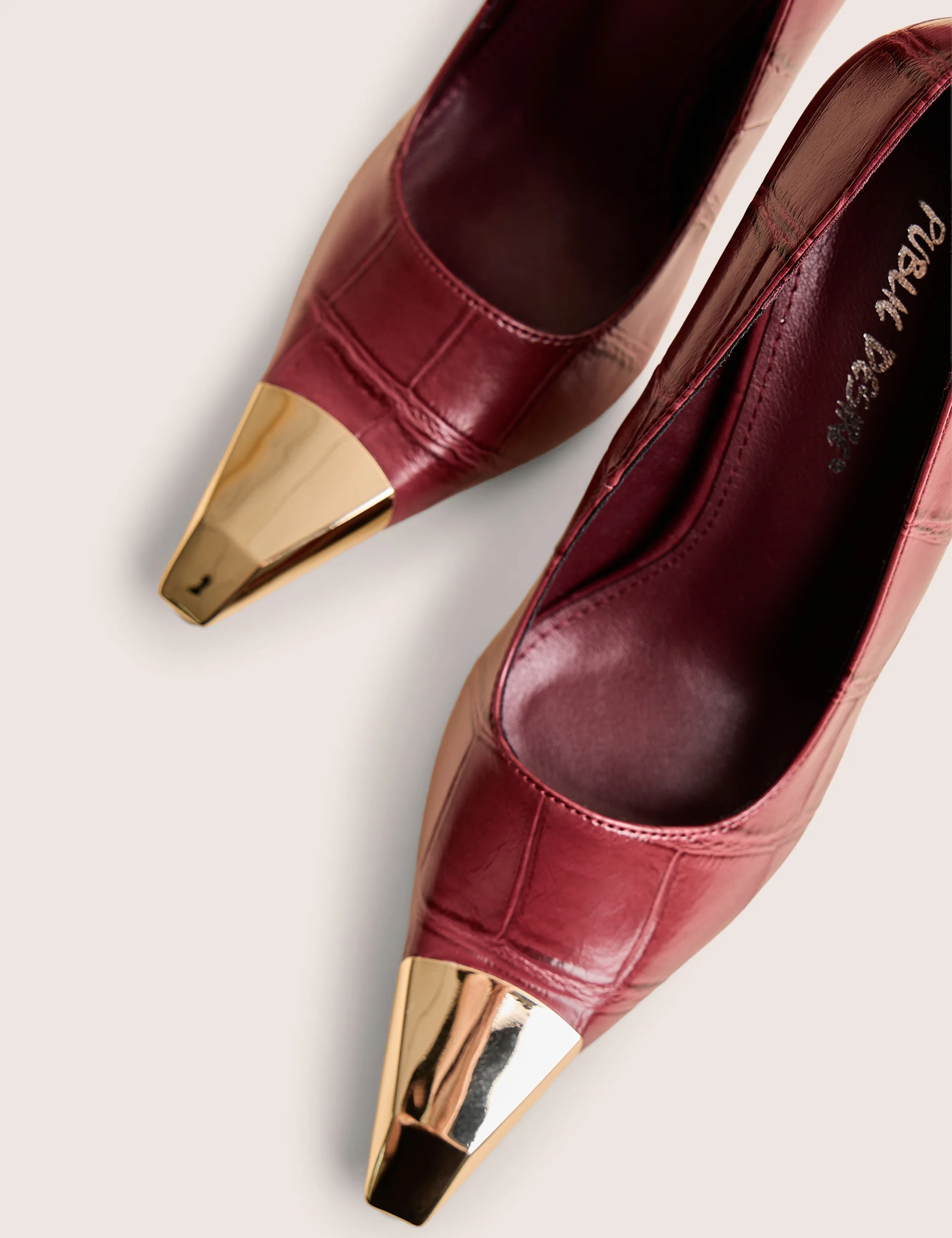 Rotate Burgundy Croc Gold Toe Detail Court High Heels - Image 5