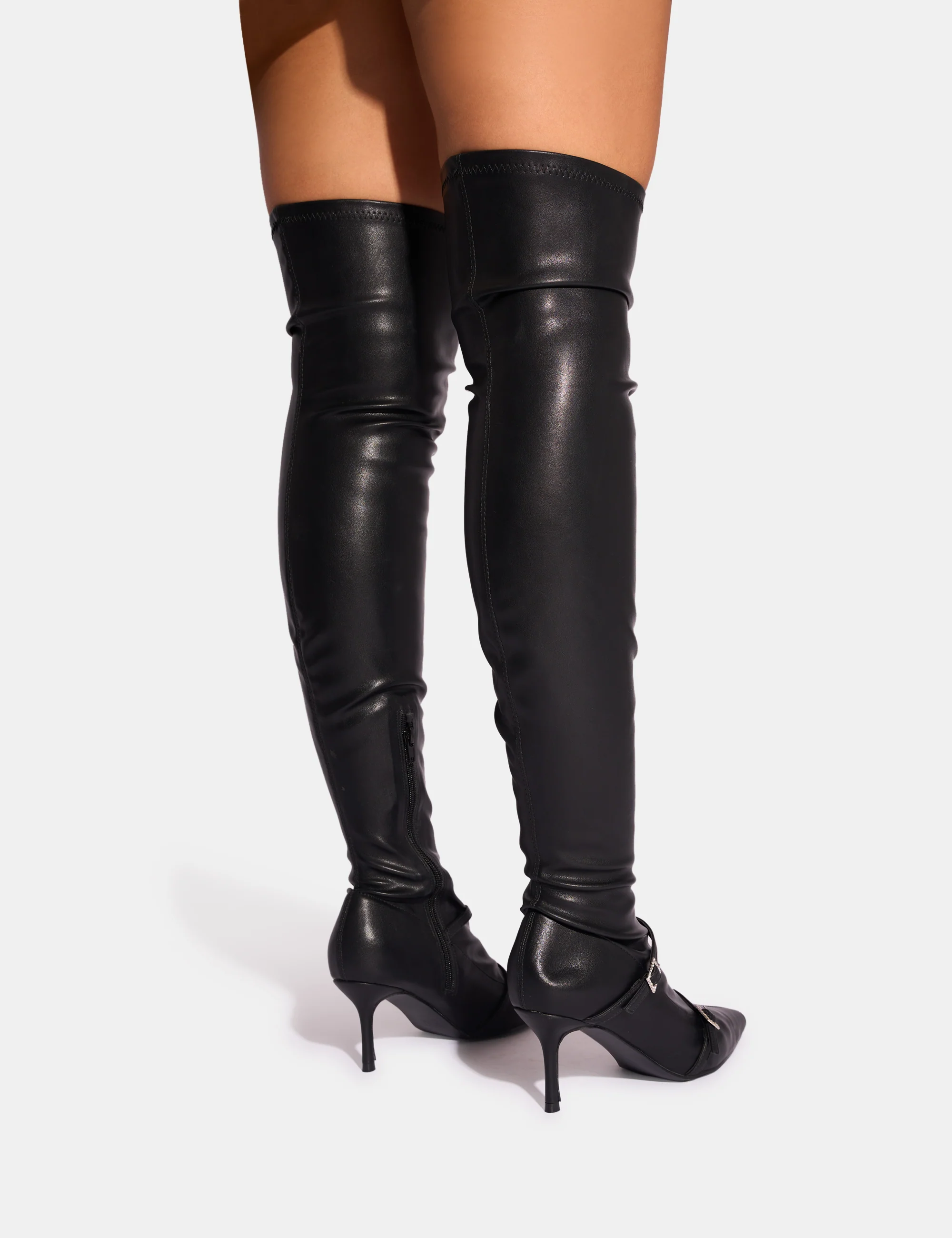 Roulette Black Pointed Toe Diamante Buckle Mid Heel Over The Knee Sock Boots - Image 3