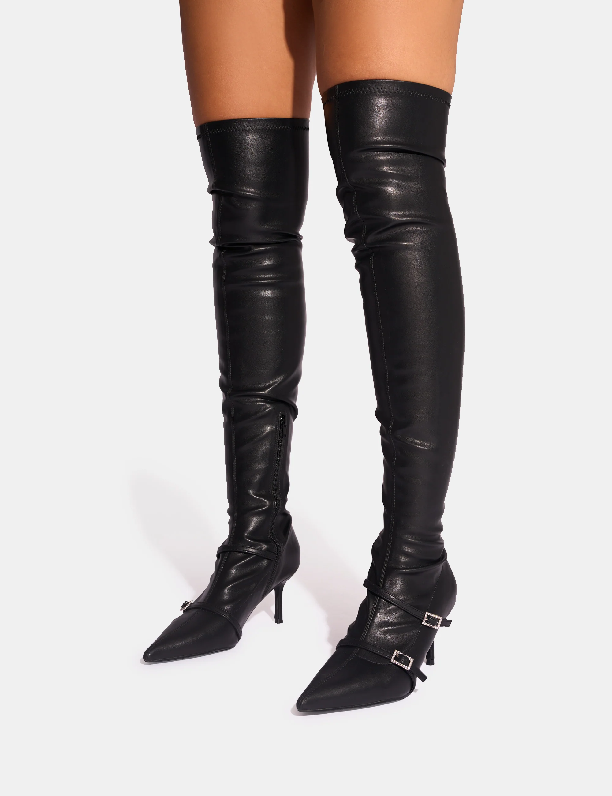 Roulette Black Pointed Toe Diamante Buckle Mid Heel Over The Knee Sock Boots - Image 4
