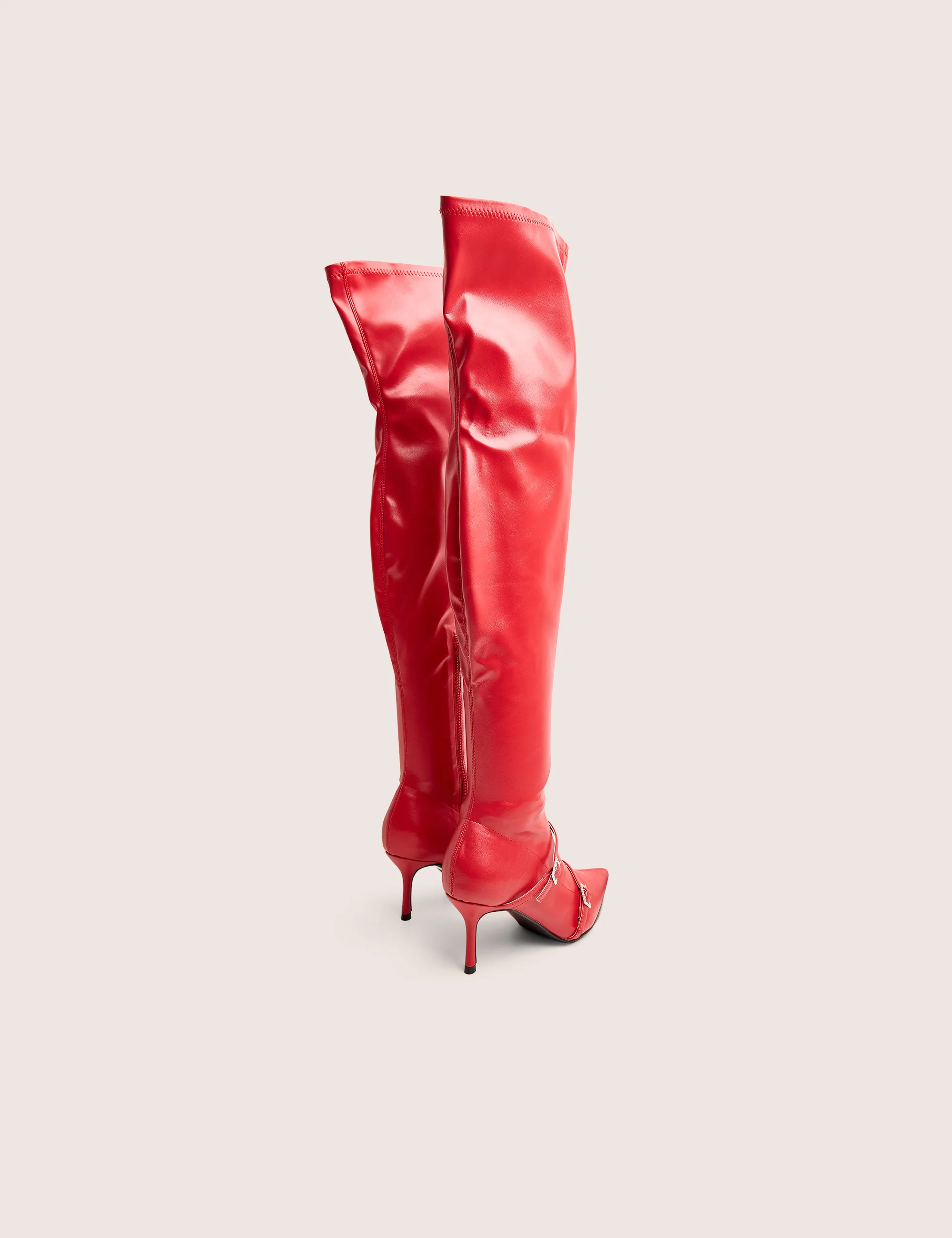 Roulette Red Pointed Toe Diamante Buckle Mid Heel Over The Knee Sock Boots - Image 3