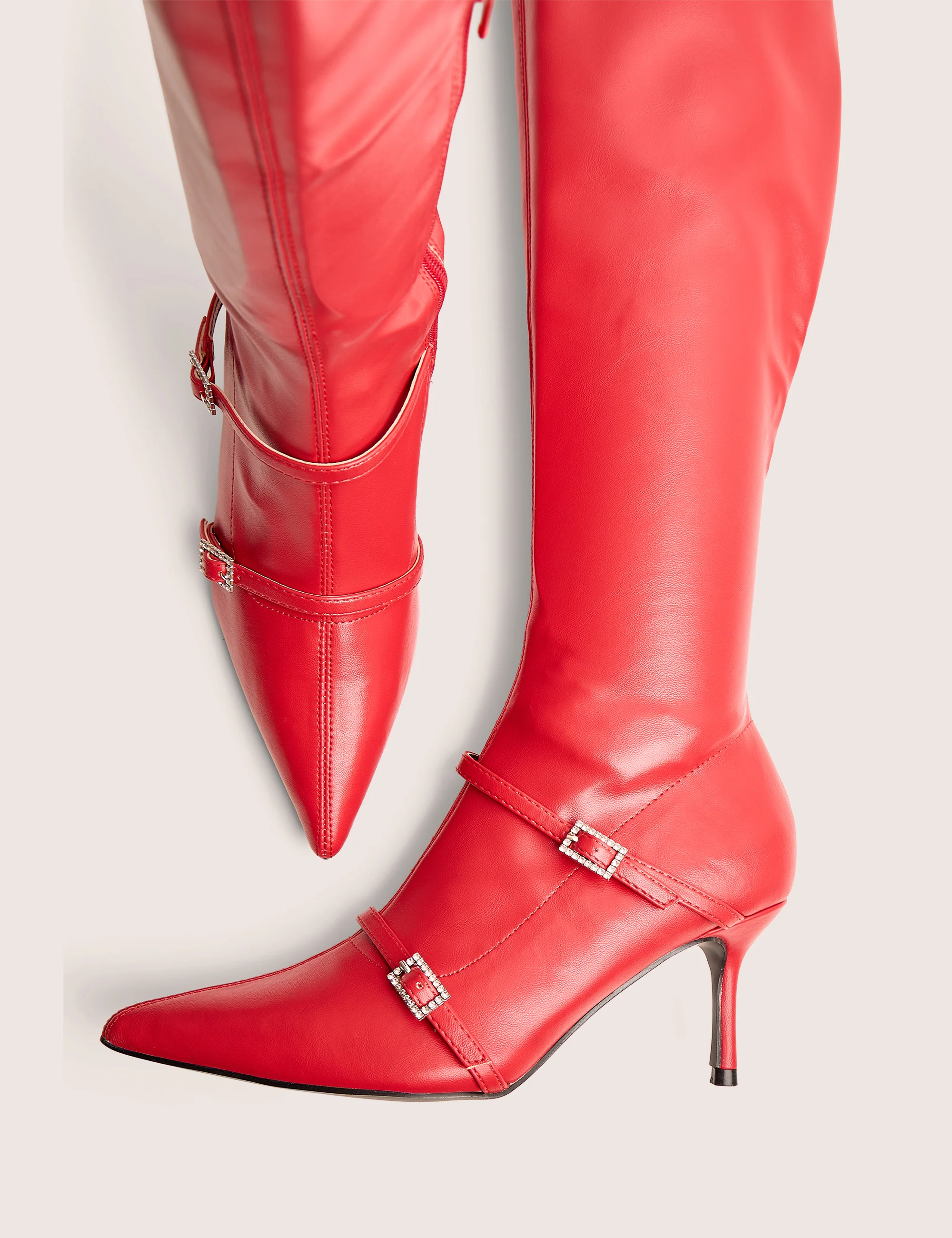 Roulette Red Pointed Toe Diamante Buckle Mid Heel Over The Knee Sock Boots - Image 4