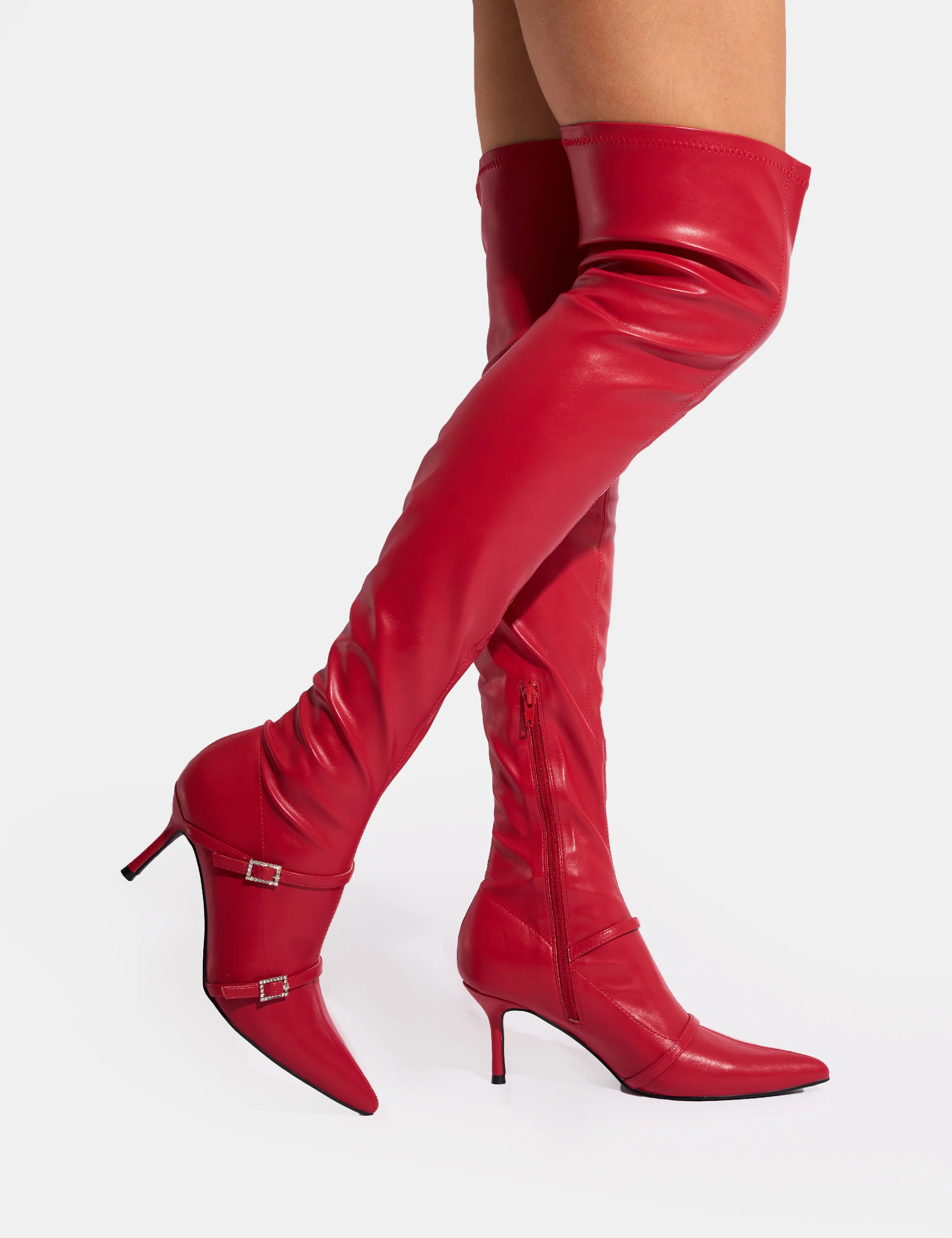 Roulette Red Pointed Toe Diamante Buckle Mid Heel Over The Knee Sock Boots - Image 5