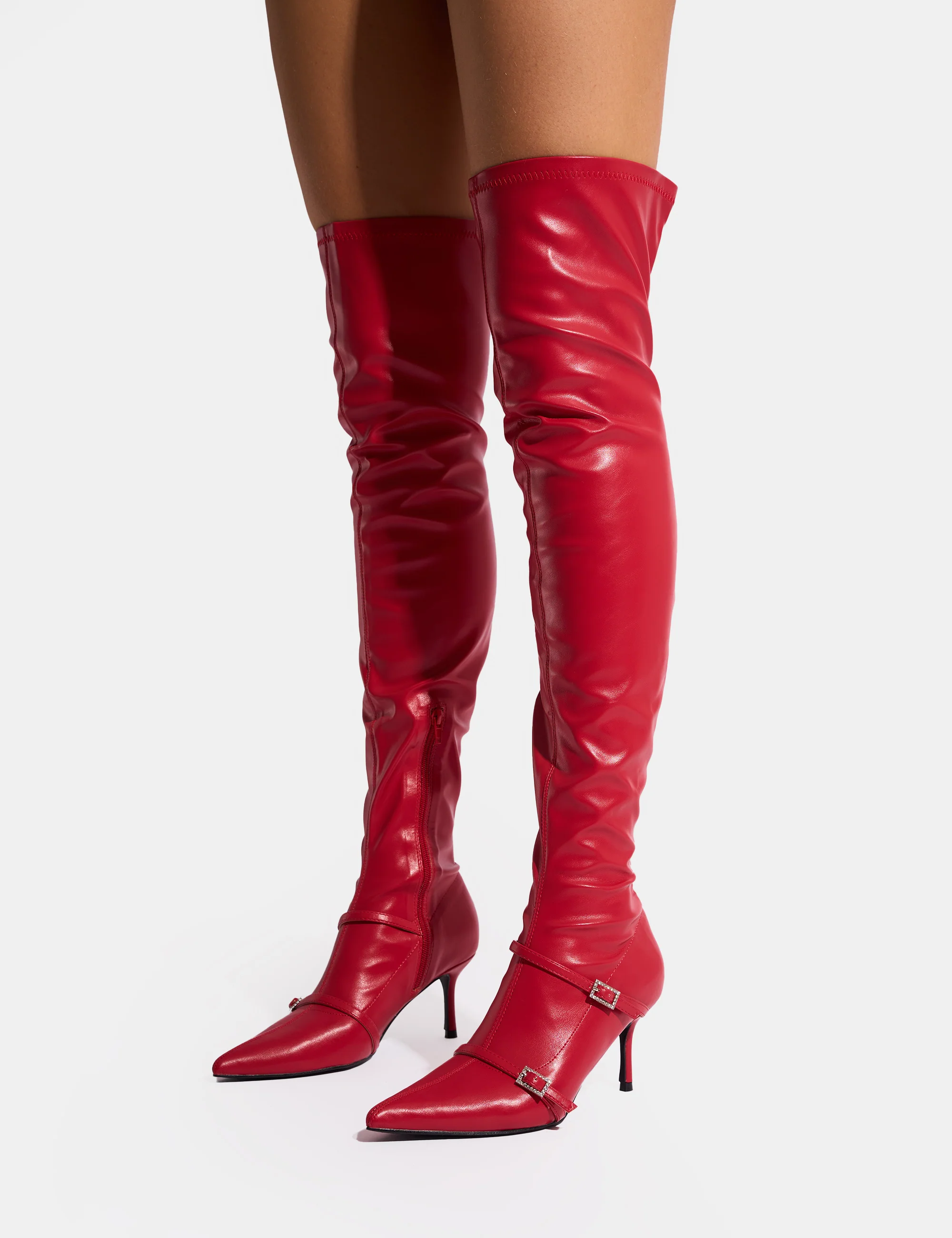 Roulette Red Pointed Toe Diamante Buckle Mid Heel Over The Knee Sock Boots - Image 6