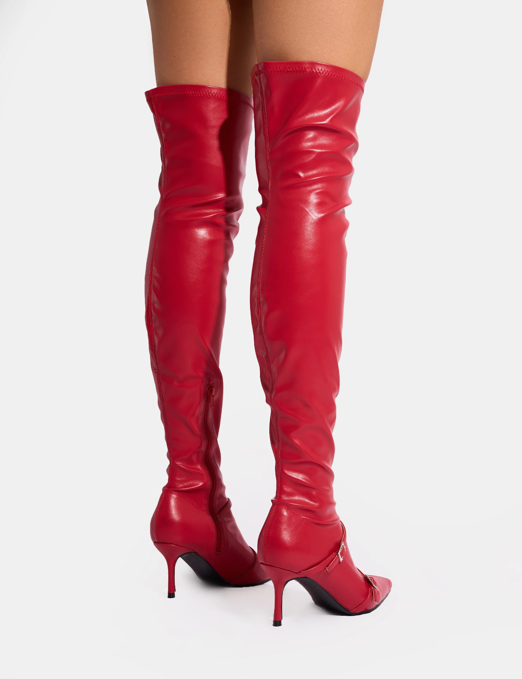 Roulette Red Pointed Toe Diamante Buckle Mid Heel Over The Knee Sock Boots - Image 7