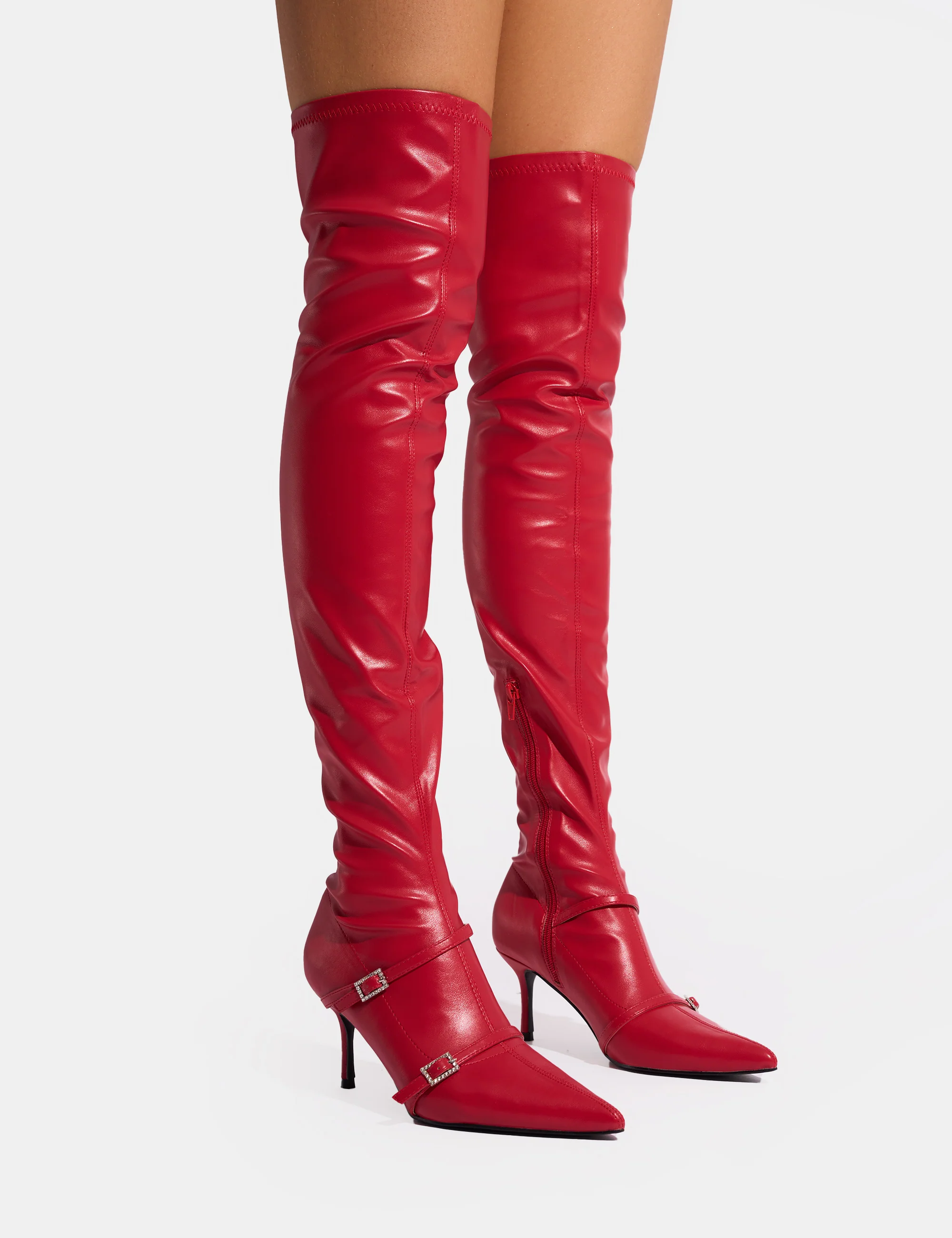 Roulette Red Pointed Toe Diamante Buckle Mid Heel Over The Knee Sock Boots - Image 8