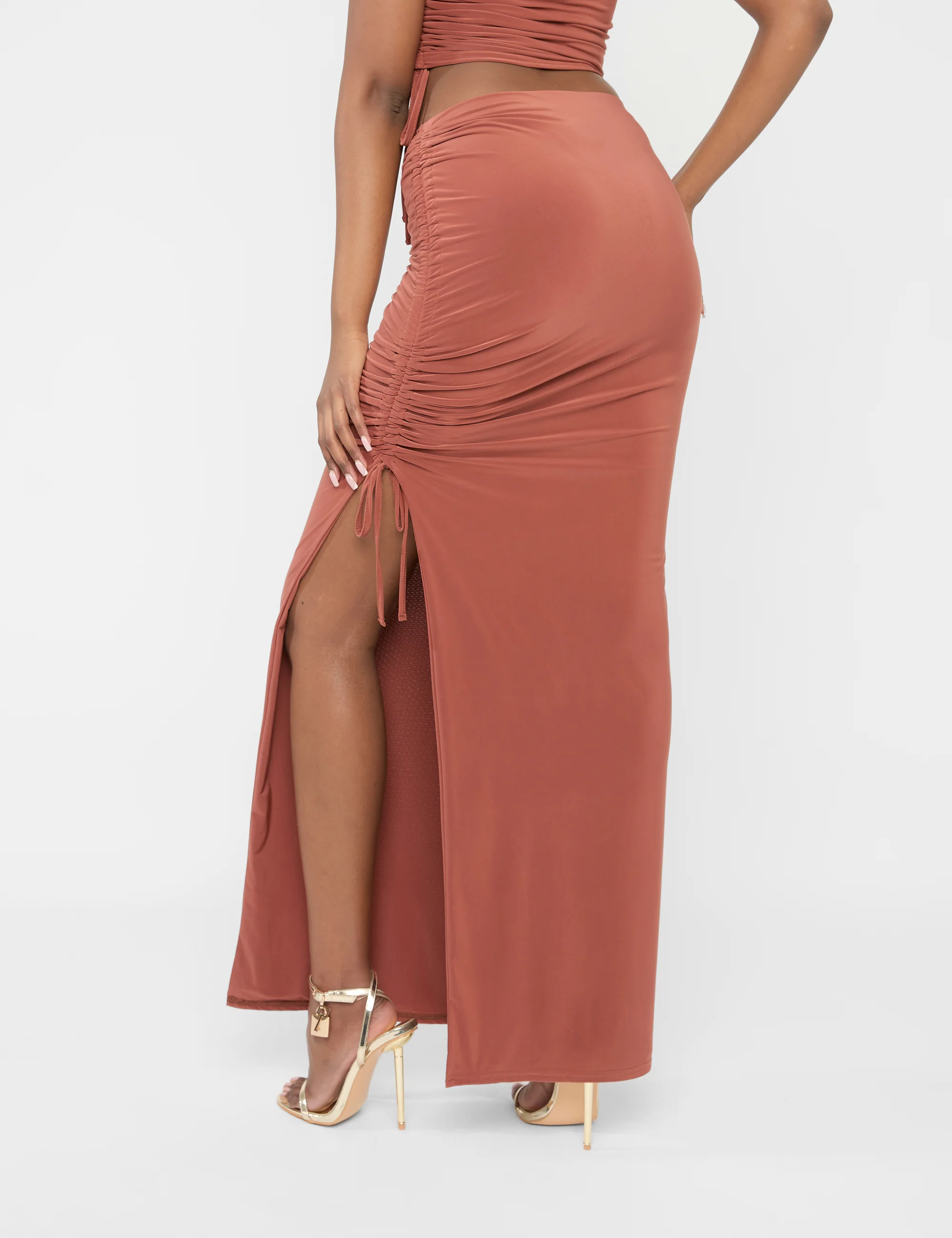 Split Leg Ruched Detail Slinky Maxi Skirt Rust - Image 4