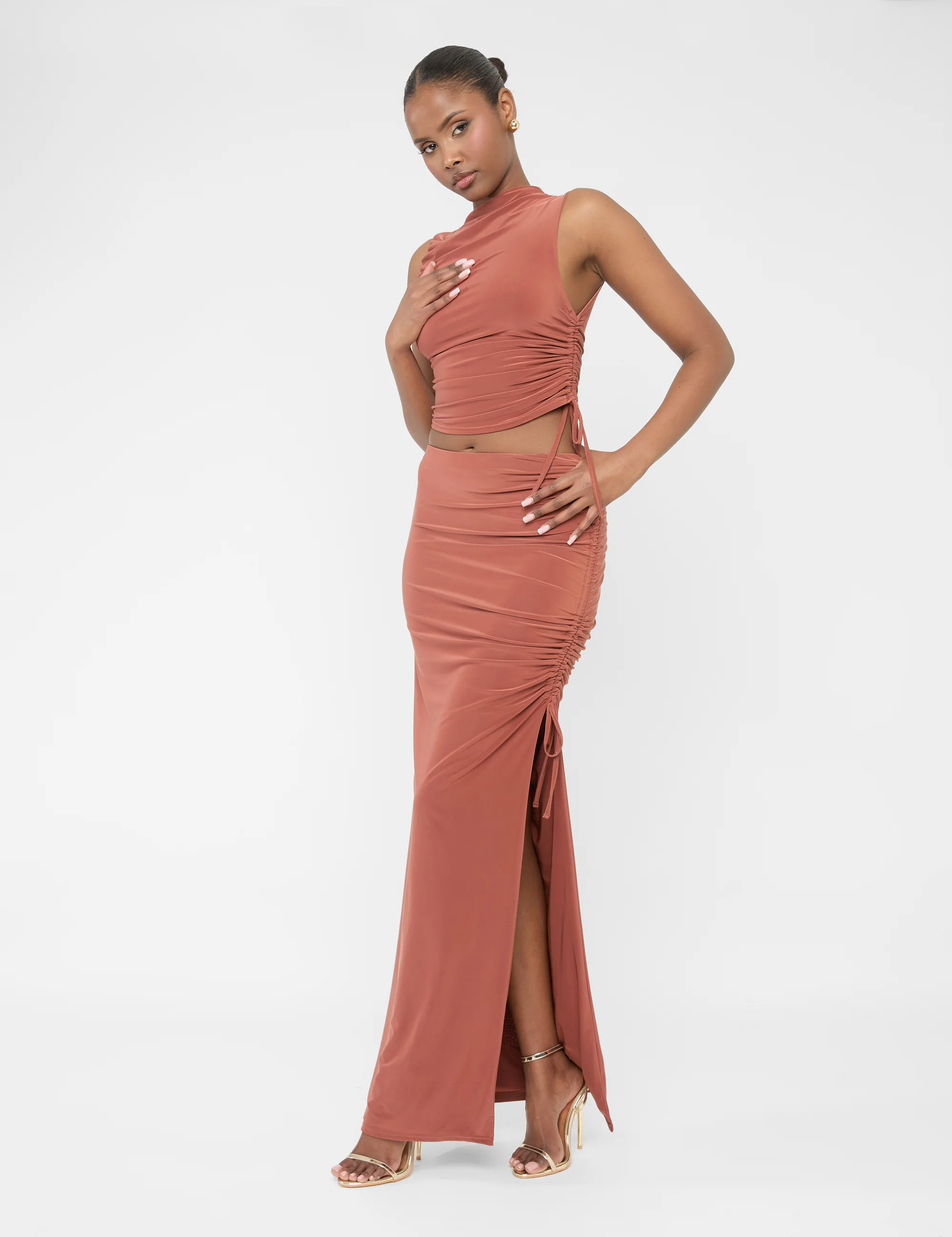 Split Leg Ruched Detail Slinky Maxi Skirt Rust - Image 5