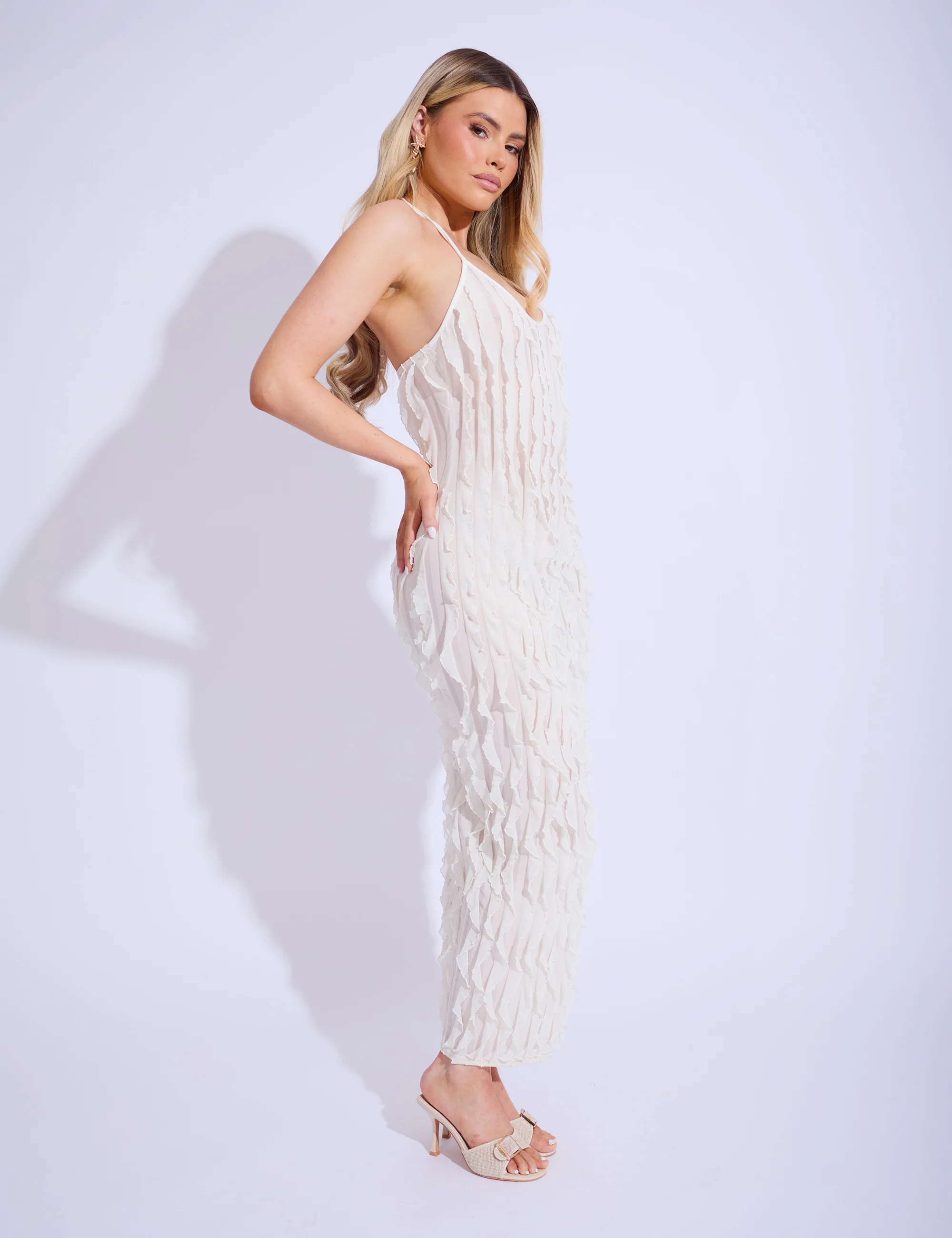 Ruffle Detail Halter Neck Maxi Dress Cream - Image 2