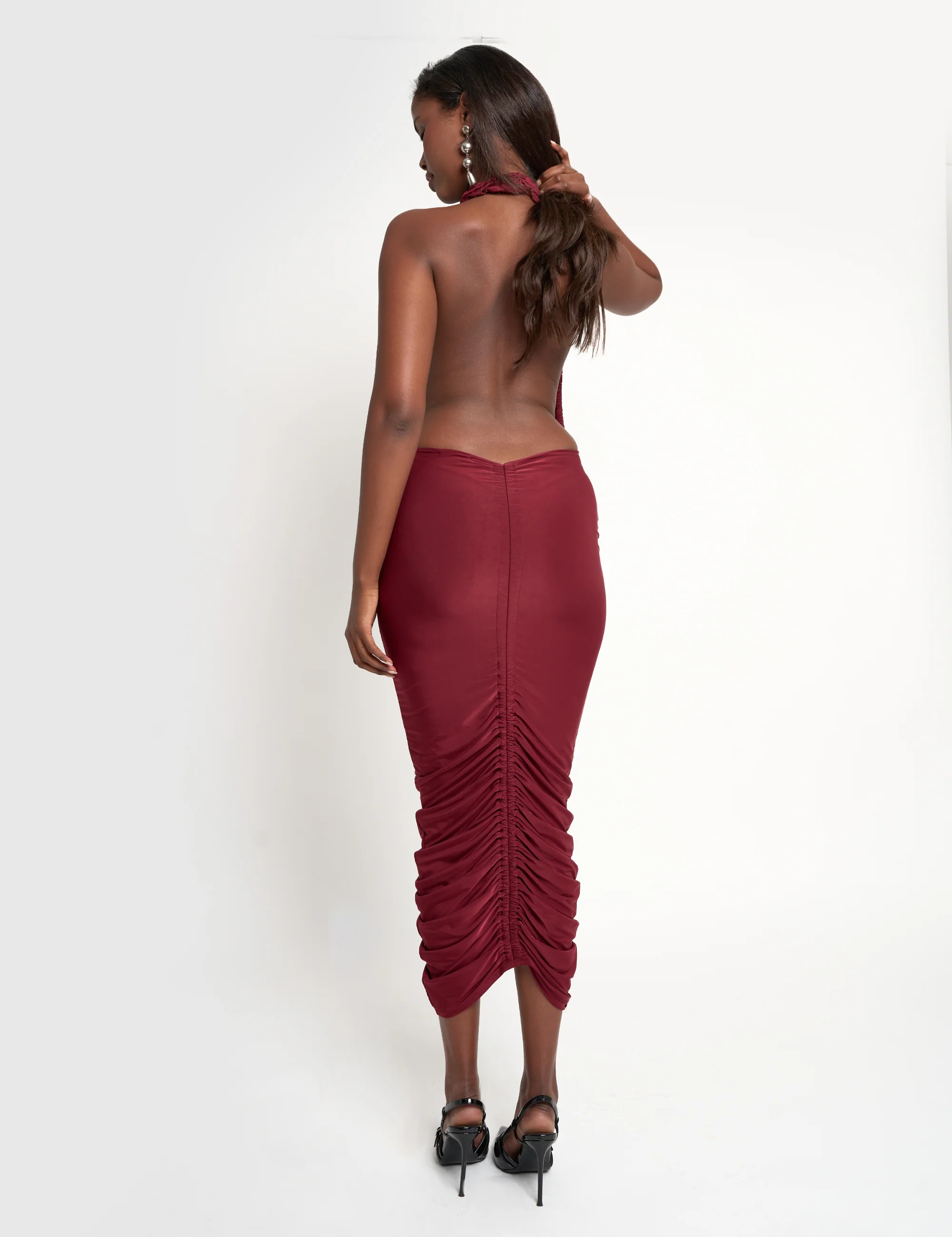 Ruffle Plunge Maxi Dress Burgundy - Image 4