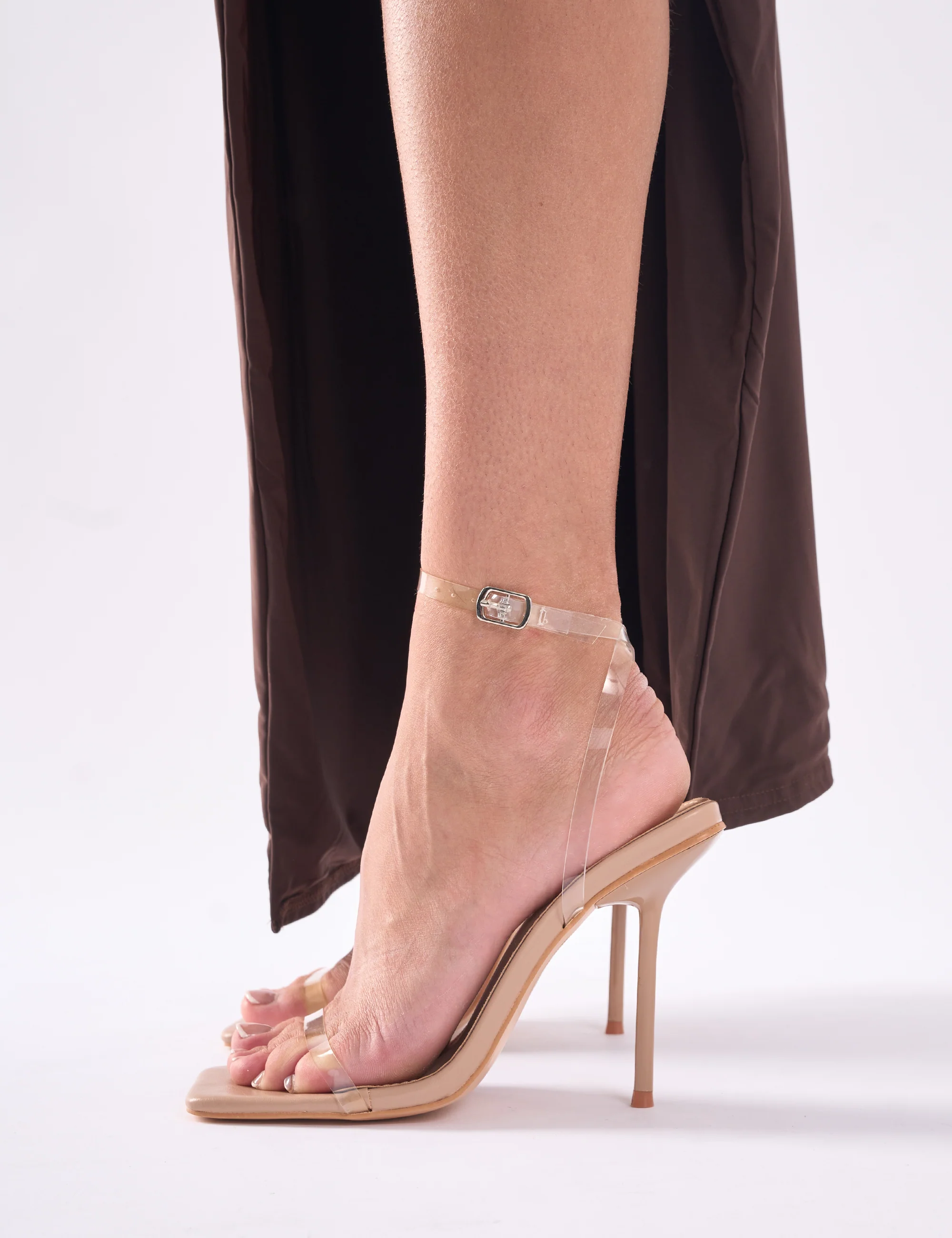 Rya Nude Perspex Mirror Square Toe Strappy Barely There Stiletto High Heels - Image 6